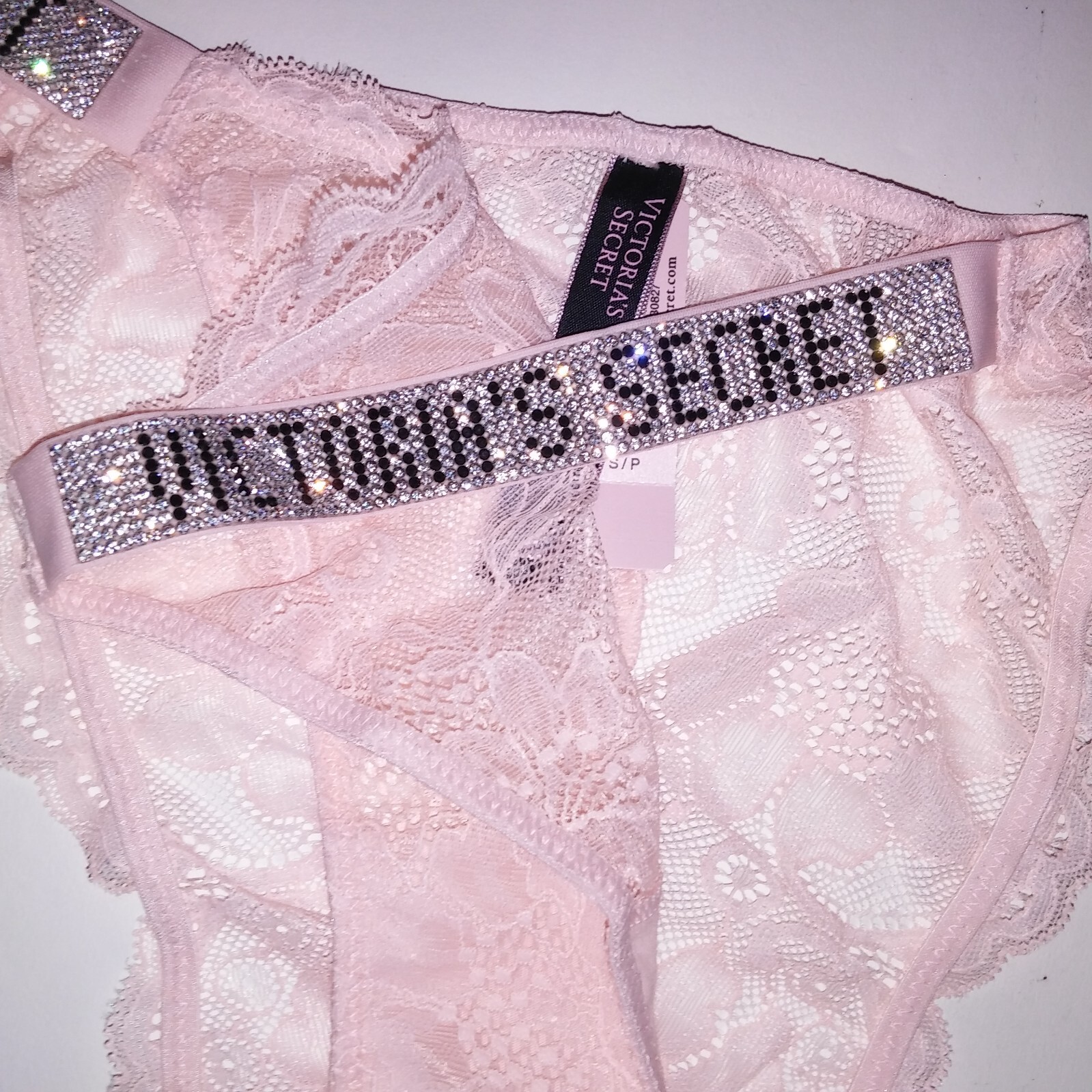 Victoria Secret Panty Bikini Small Light Pink Lace Shine Strap Logo Rhinestone