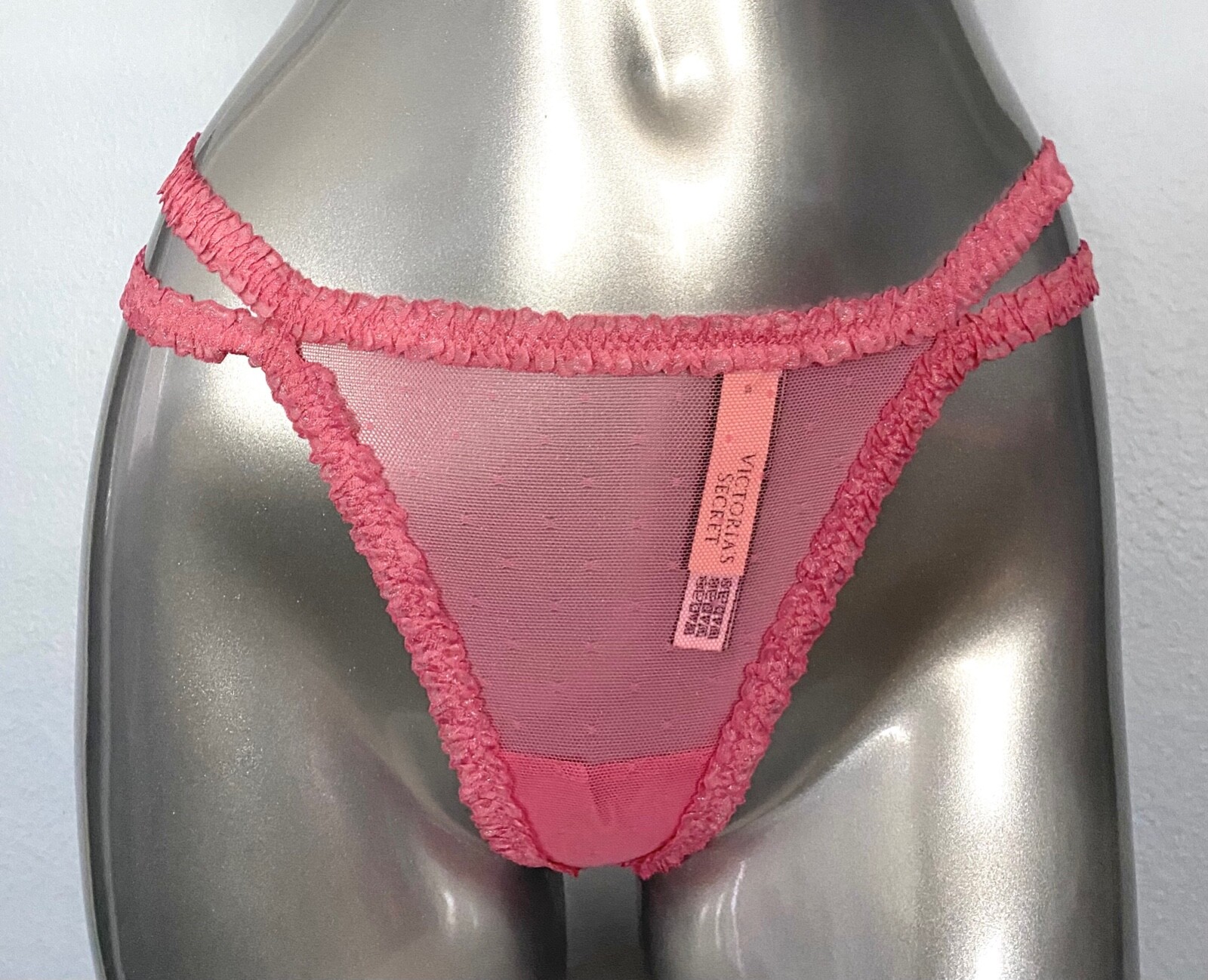 Victoria’s Secret V String Panty Pink Ruffle Strap Strappy Sheer Mesh M L XL