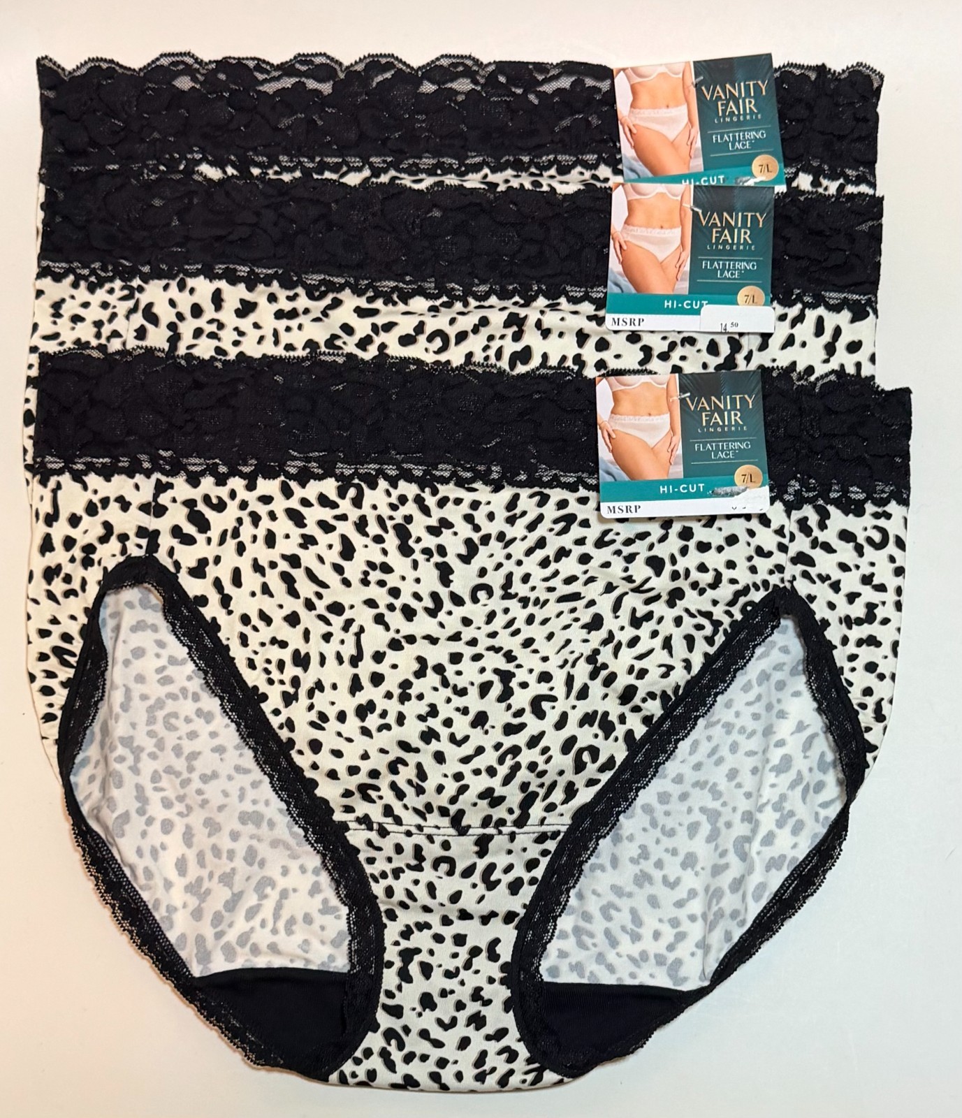 NWT 3 Vanity Fair Flattering Lace Panties Hi Cut 13280 Leopard Print Size 7/L