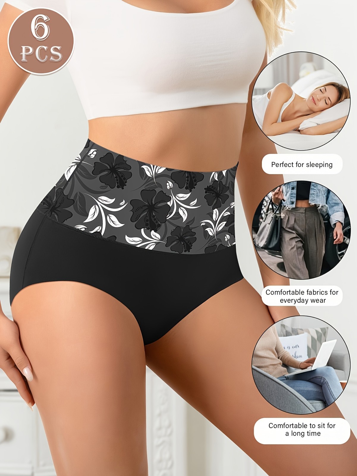 6pcs Seamless Floral Print High Waist Briefs, Sexy Comfy Breathable Stretchy Int