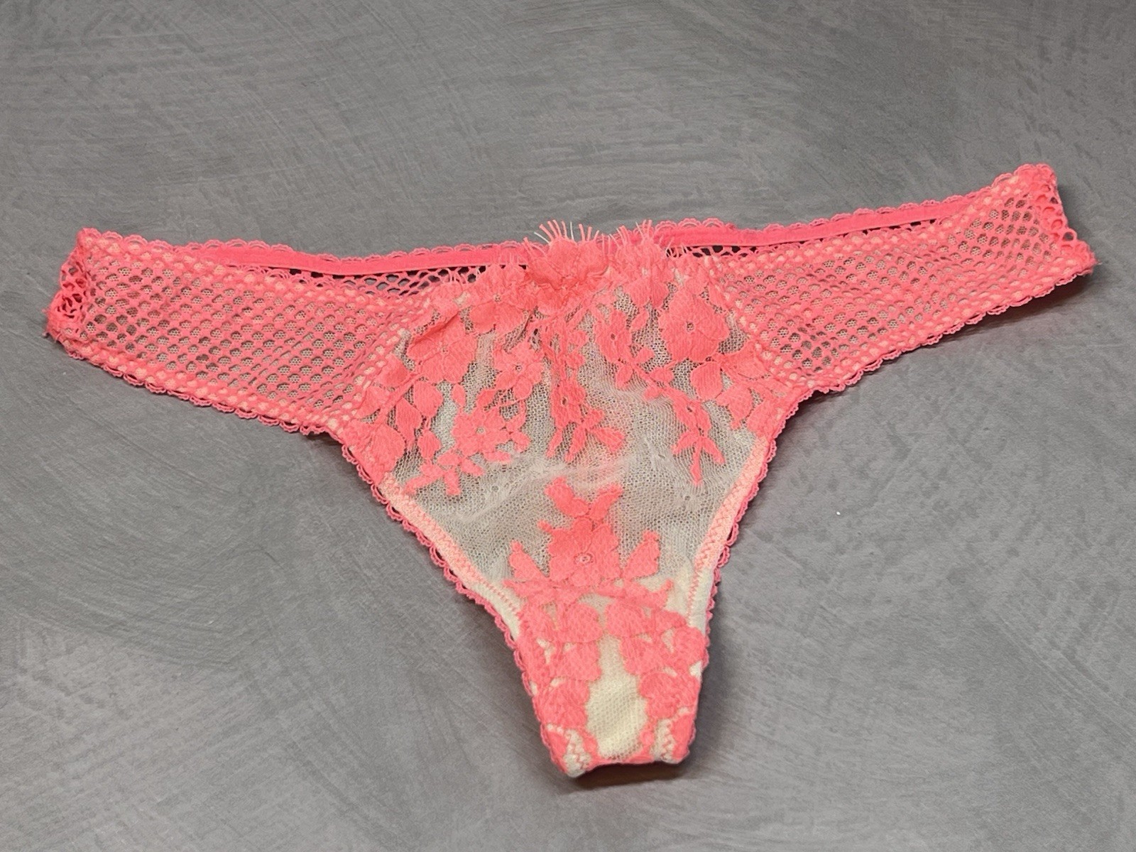 Vintage Victoria’s Secret Sheer Lace Thong Panty Neon Coral Mesh Fishnet Y2K New