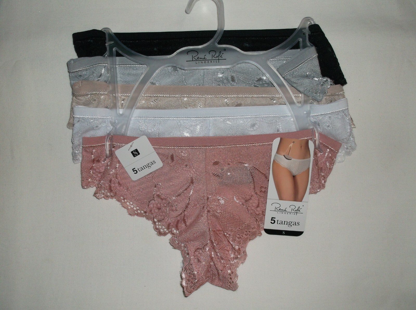 Rene Rofe 5pk sheer lace tanga panties S mauve/wht/nude/gry/blk nwt $42 retail