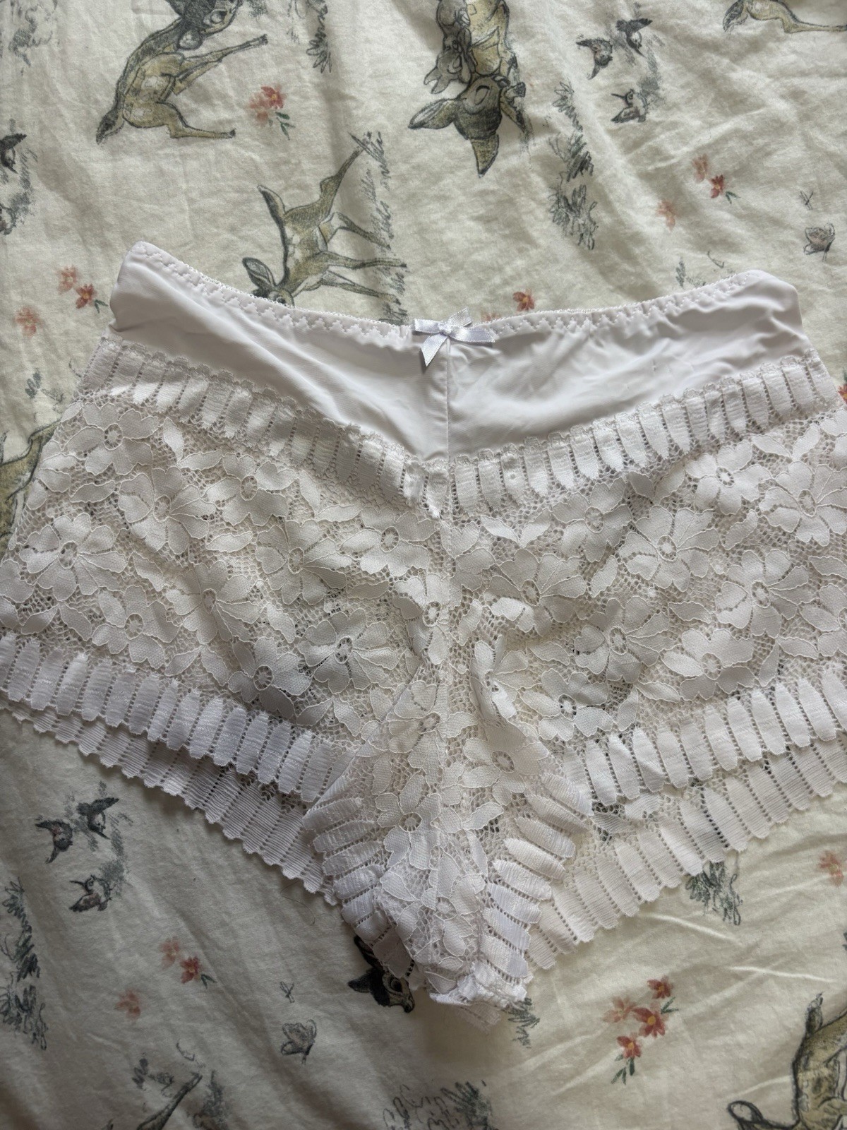 White Floral Lace Mini Stretchy Boyshort Shorts Panties With Small Bow Detail L