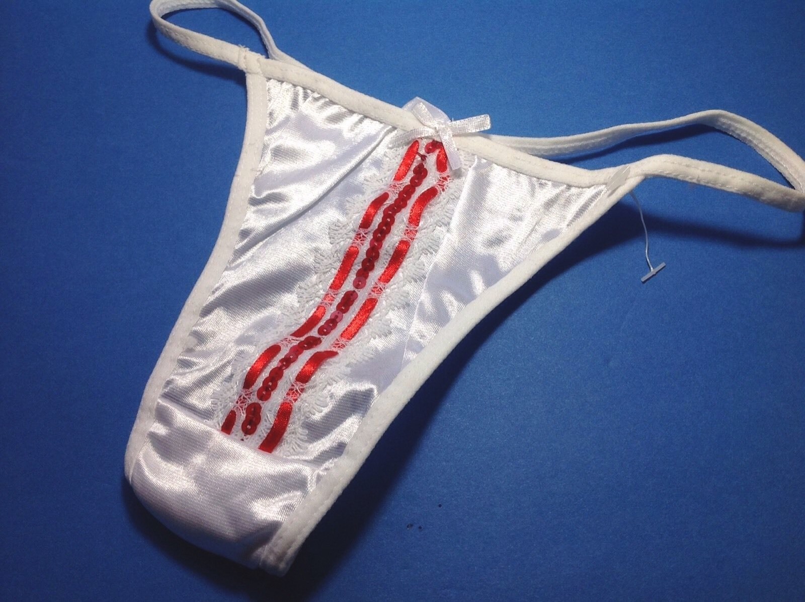 Women Panties,Thongs Size S/5 Small White Satin W/Decoration&Ornamentation