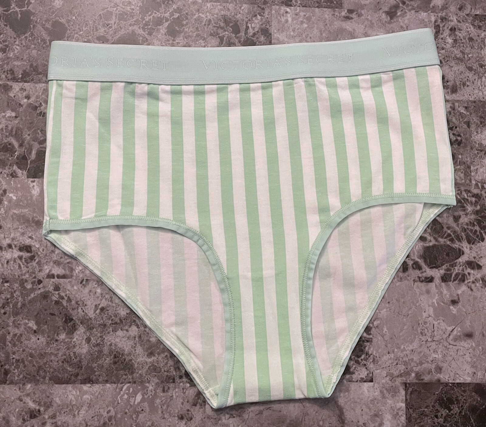 NWT VICTORIA’S SECRET GREEN WHITE STRIPE THICK BAND HIGH WAIST BRIEF PANTIES