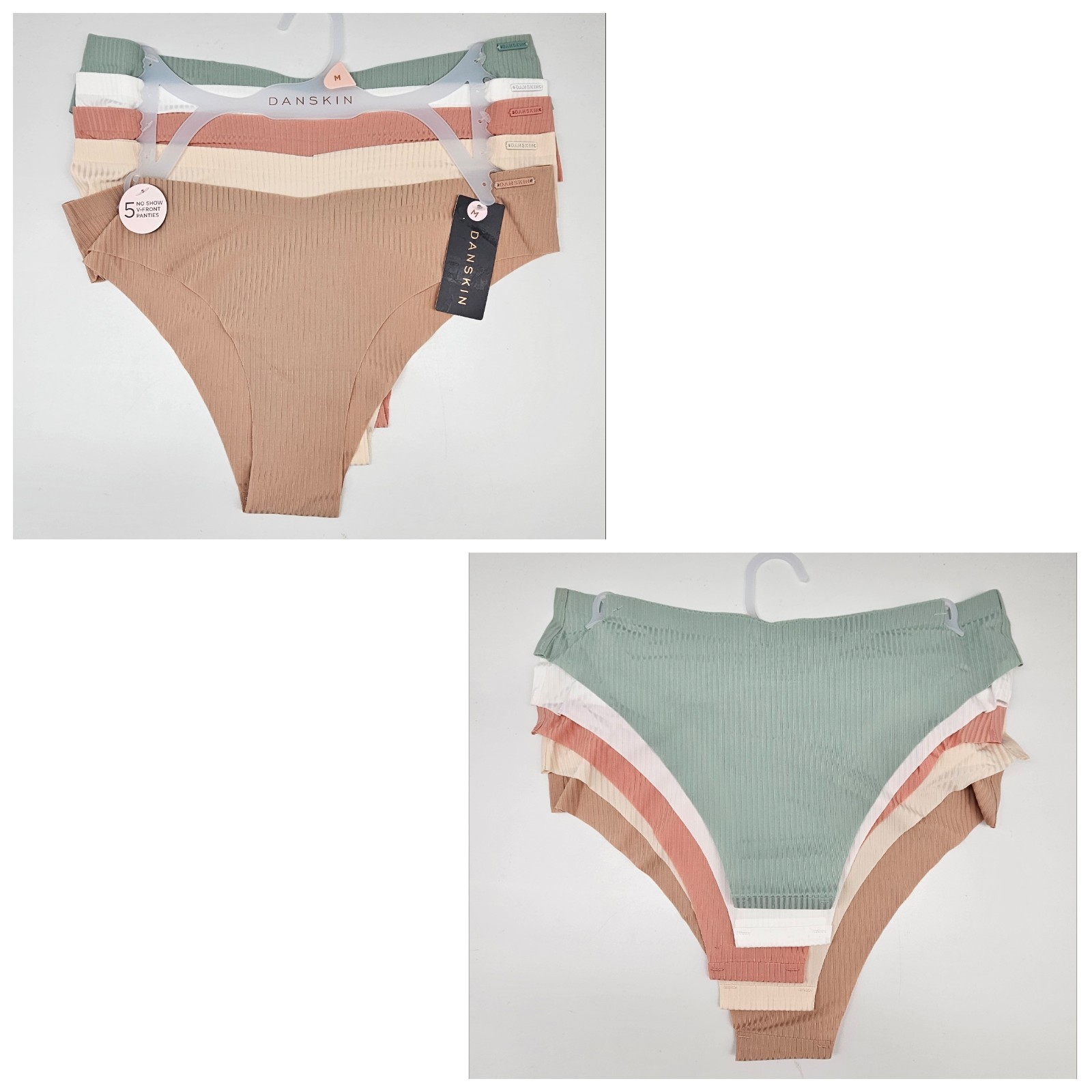 DANSKIN 5 Pack Women’s S M L Logo No Show V Front Panties Green White Clay Beige