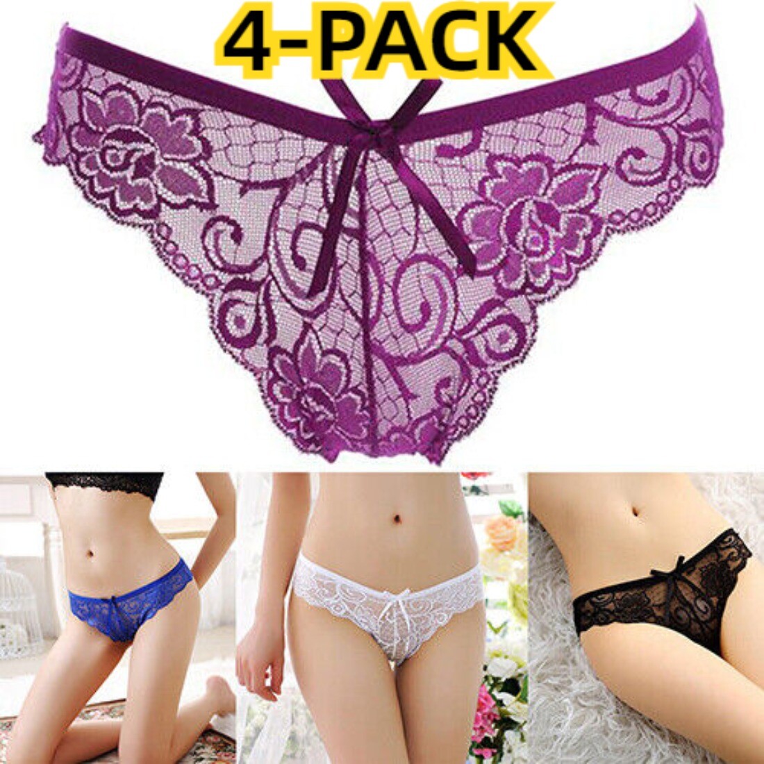 4PCS Womens Sexy Lace V-string Briefs Thongs G-string Lingerie Underwear Panties