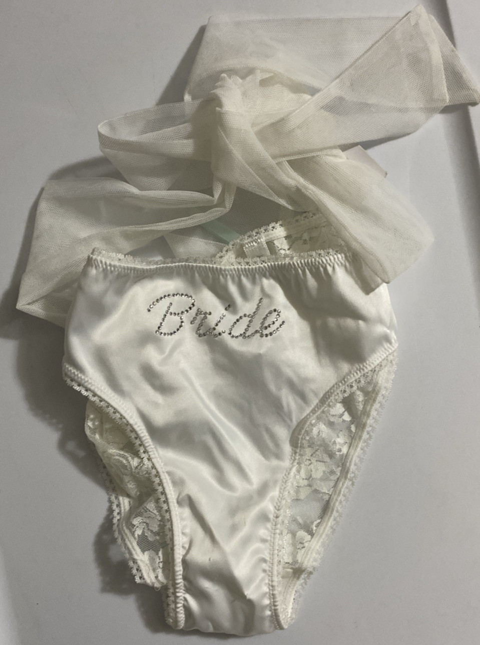 Victorias Secret I DO White Bride Bikini Panties Small Satin Lace V Lace-up Back