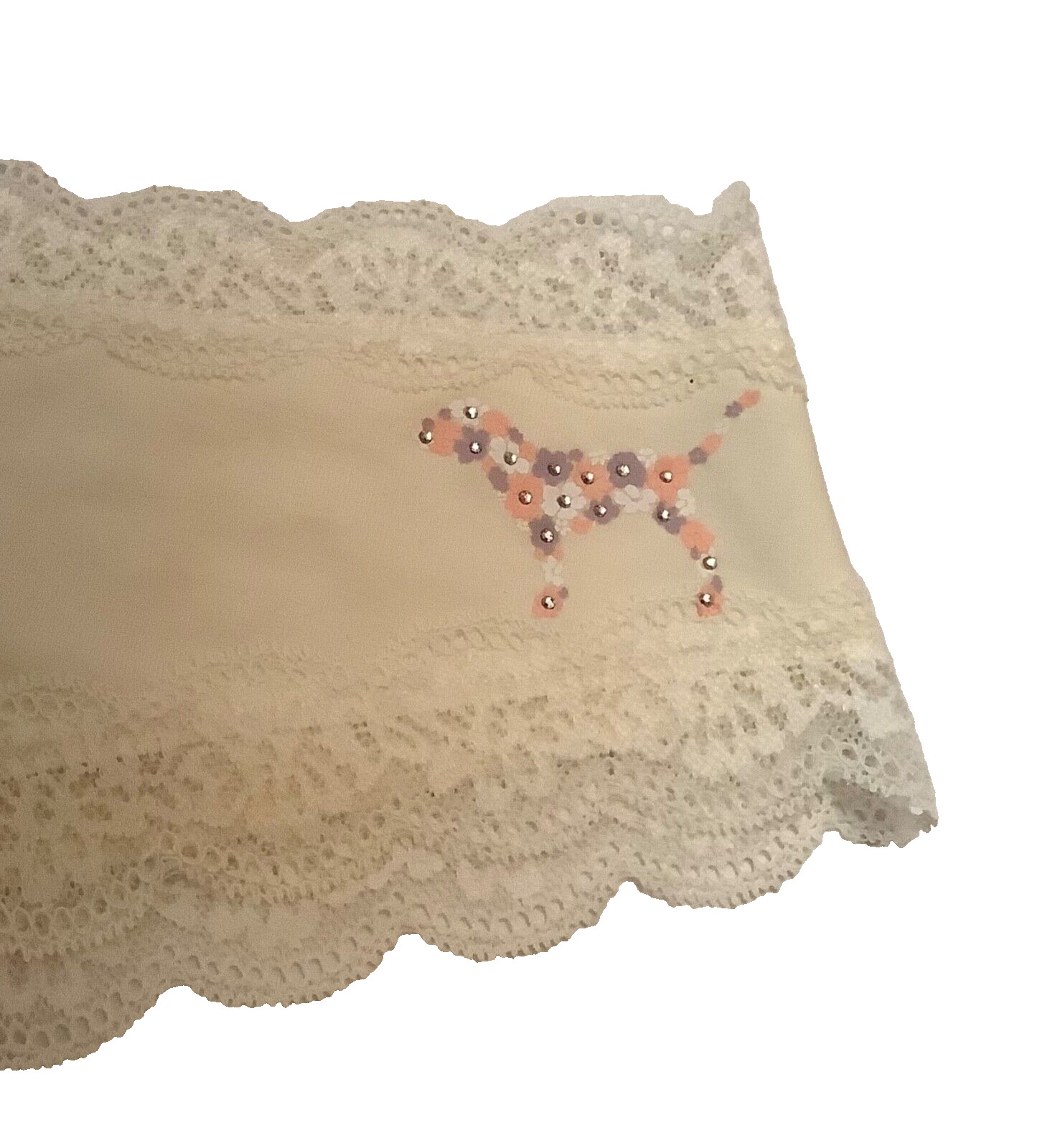 Victoria’s Secret PINK Lace Trim Cheekster Panty Ivory Rhinestone Dog Large NWT