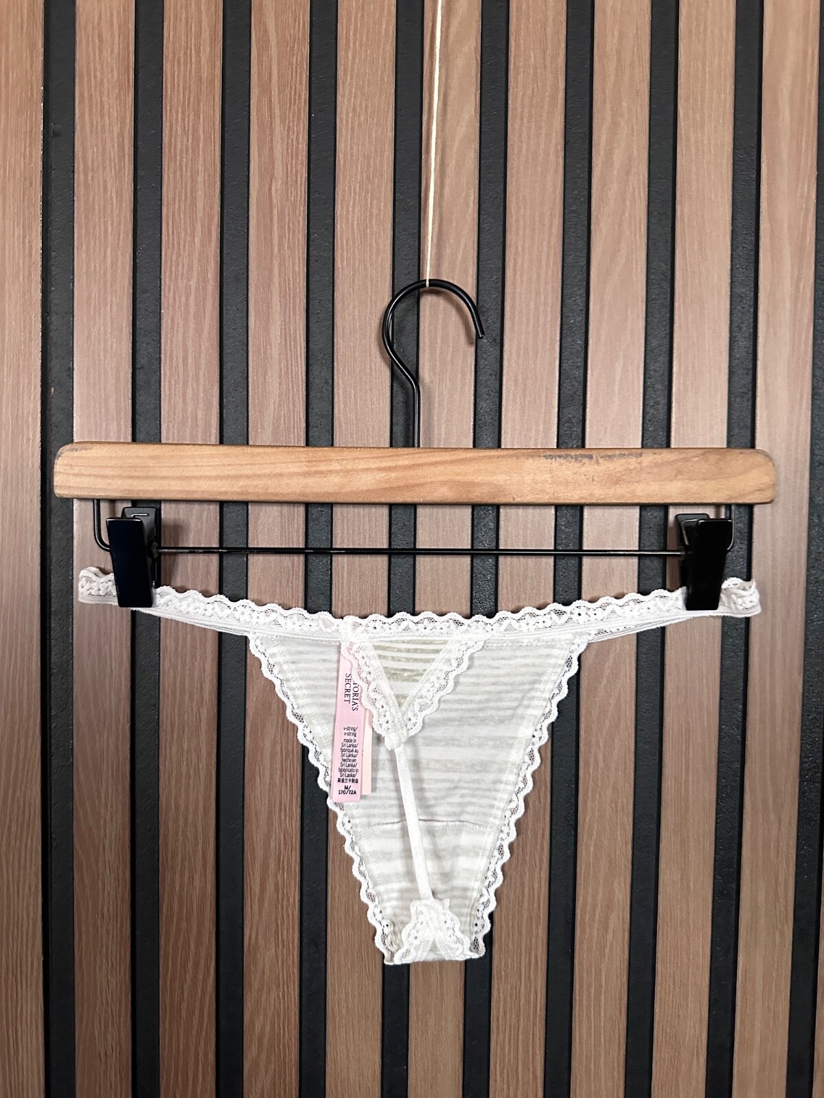 Victoria’s Secret V String Medium White Gray Striped Lace Trim Thong Panties
