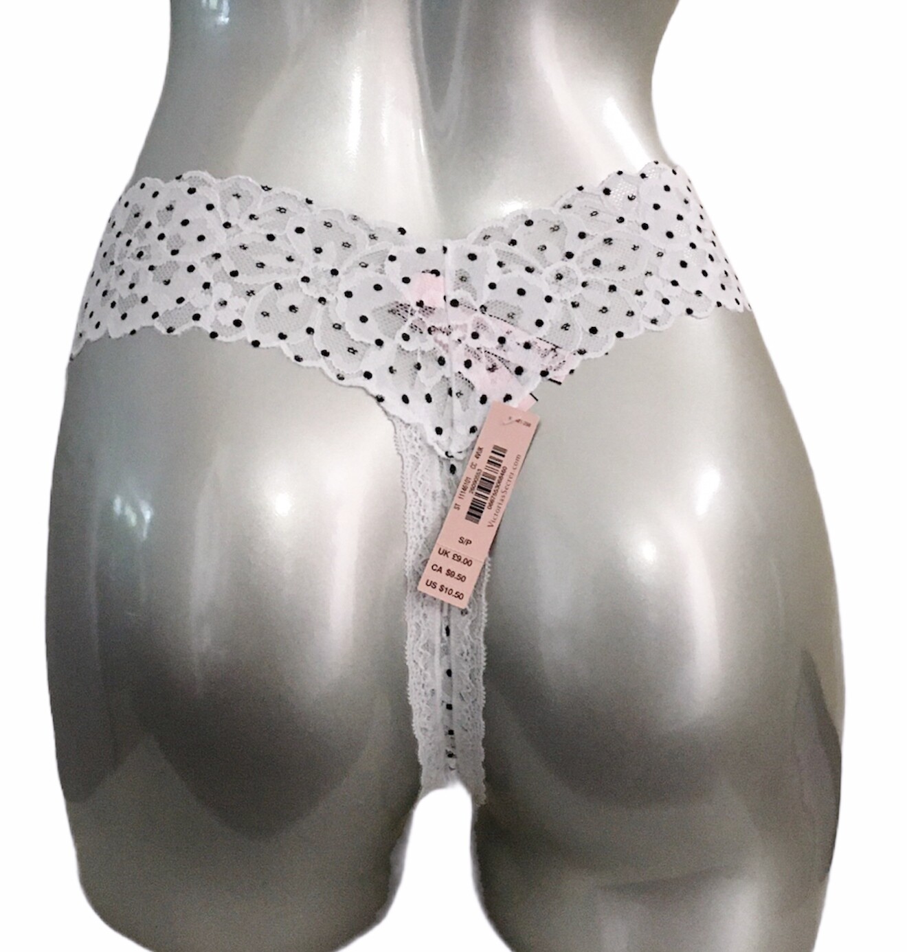 Nwt Victorias Secret The Lacie Floral Lace Thong Panty White with Black Dots S
