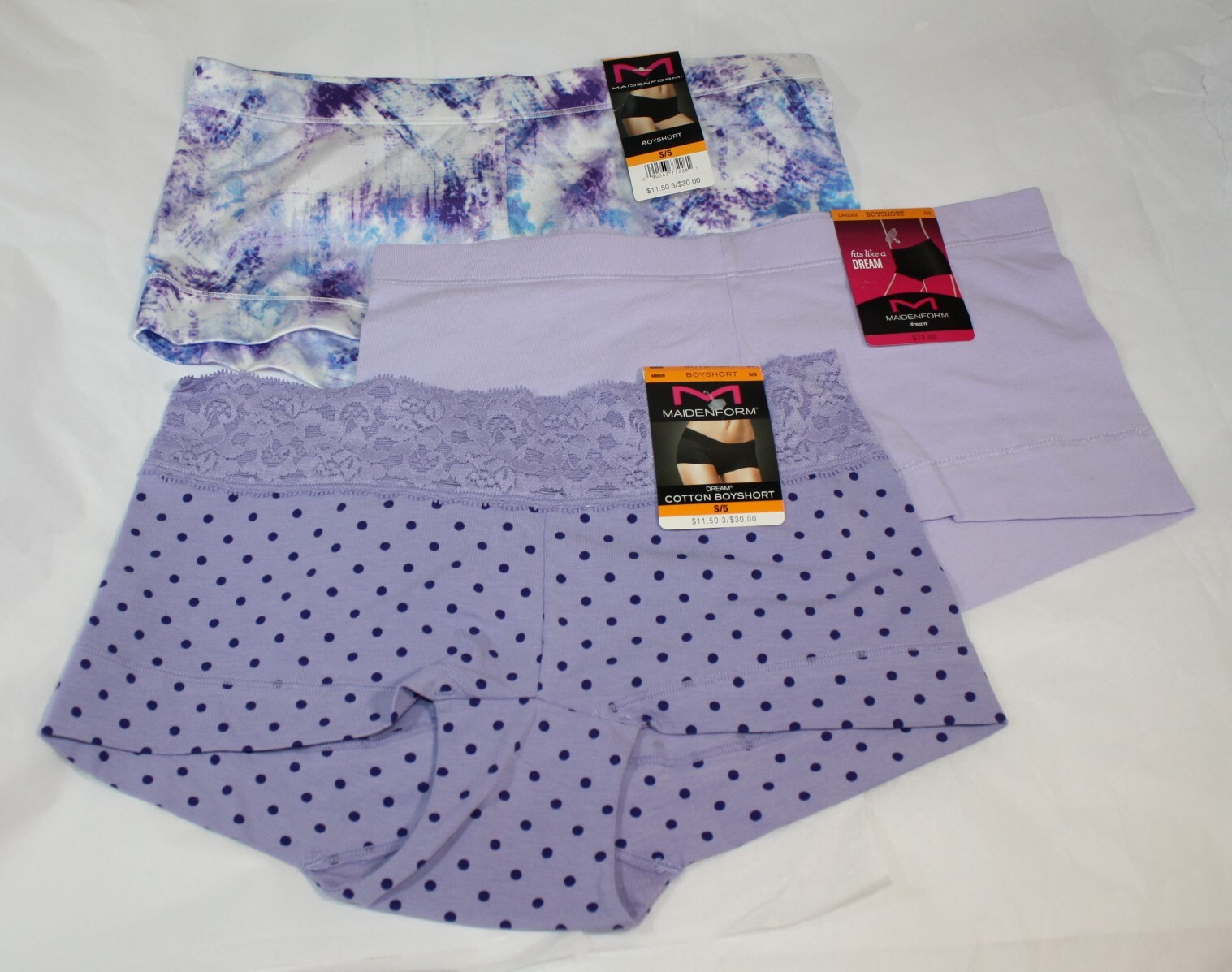 NWT set of 3 MAIDENFORM dream BOYSHORTS LILAC COTTON BLEND DOTS LACE S/5