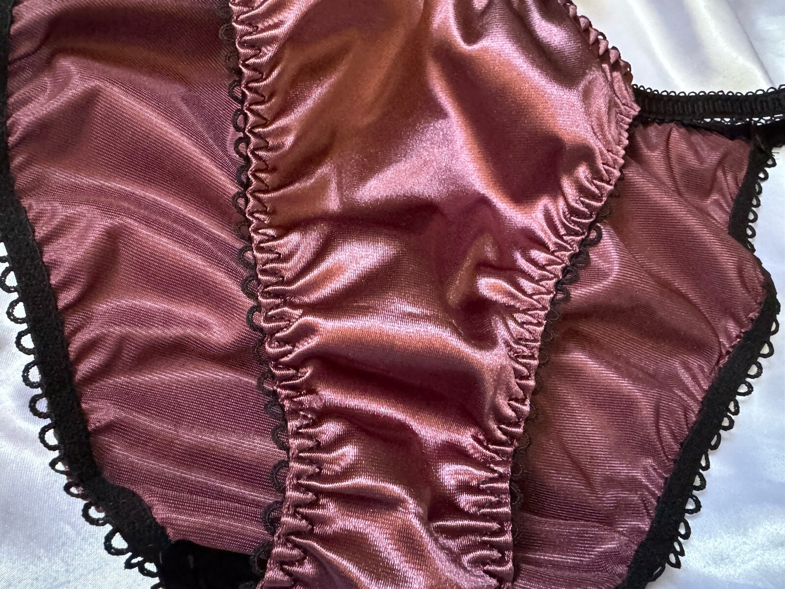 Purple Burgundy Satin String Bikini Panties Black Trim Sz Large
