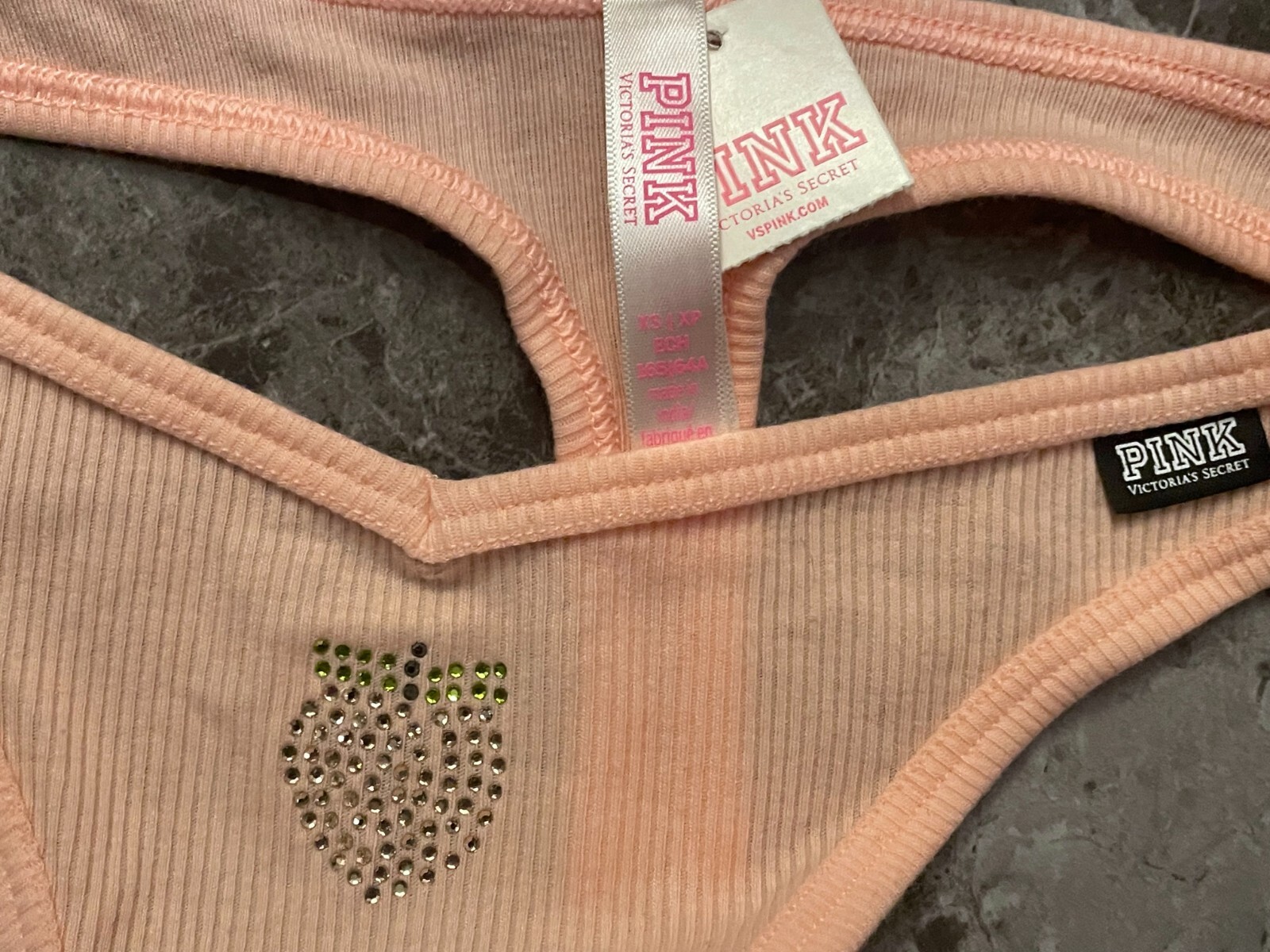 NWT VICTORIA’S SECRET PINK XS ORANGE PEACH RHINESTONE RIB KNIT THONG PANTIES