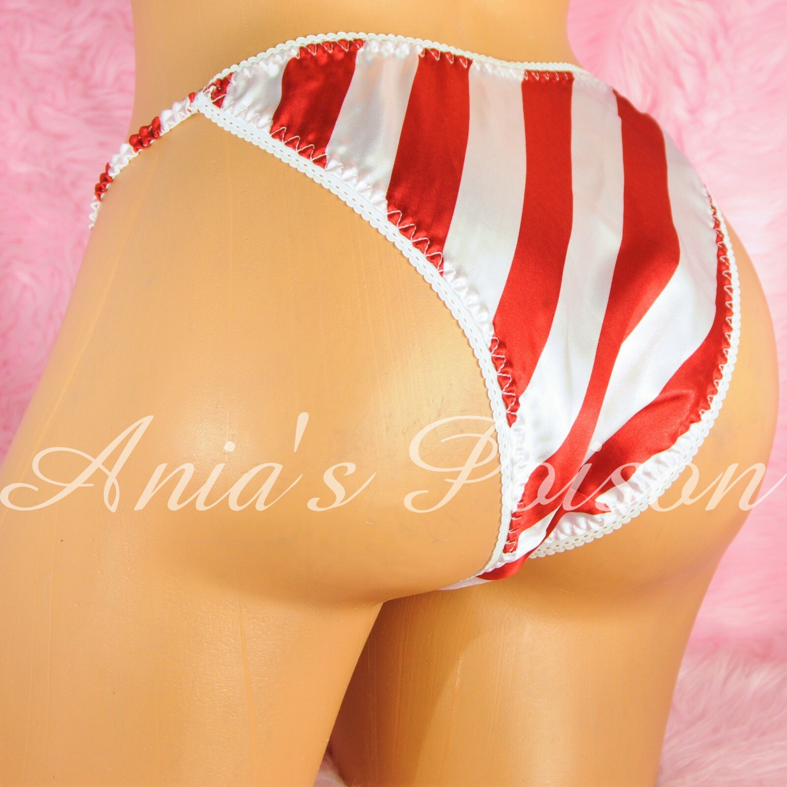 Satin String Bikini Panties Sissy Christmas Red Candy Stripe Cheeky cut shiny