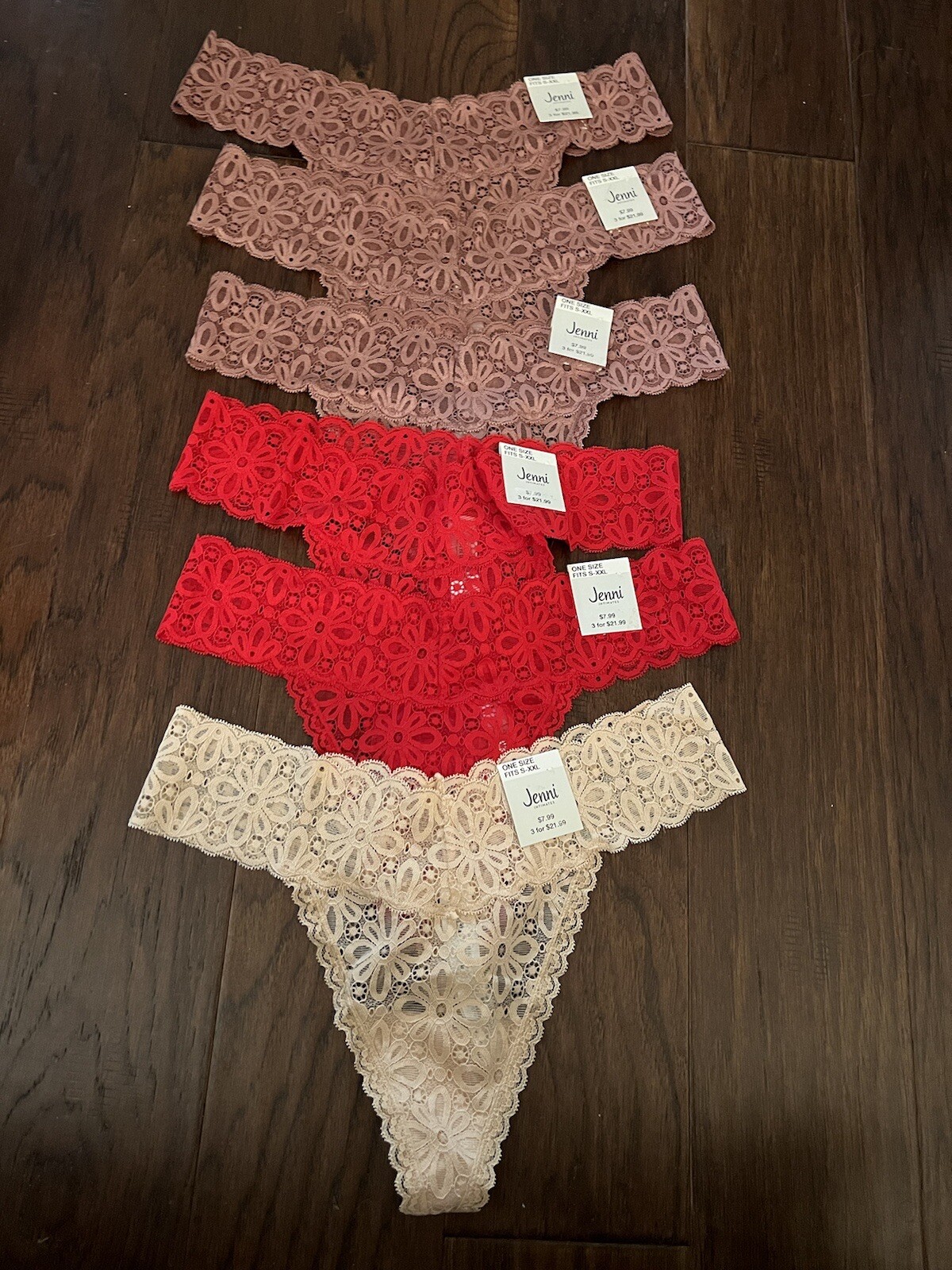 Jenni Plus Lace Thong 5 Pairs of S-XXL( cherry, mauve and chat) MSRP 3 for $21