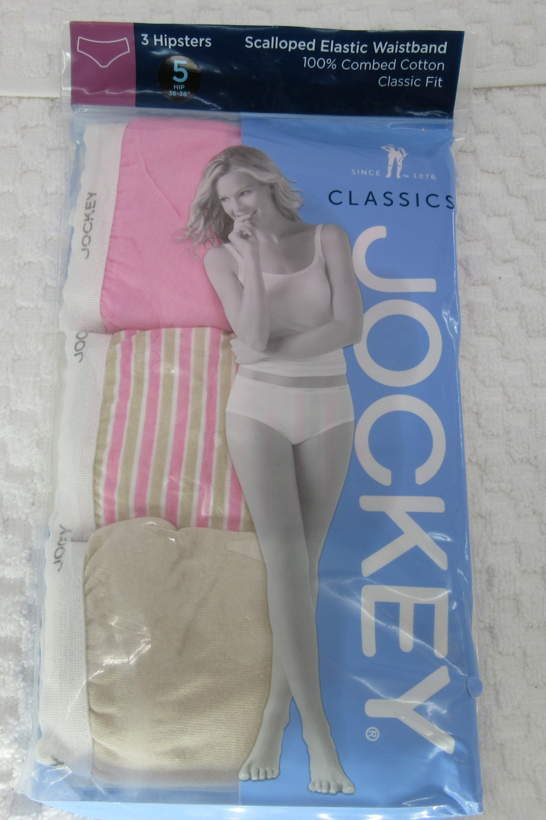 New 3 pack JOCKEY Scalloped waistband 100% cotton HIPSTERS PINK BEIGE STRIPES 5