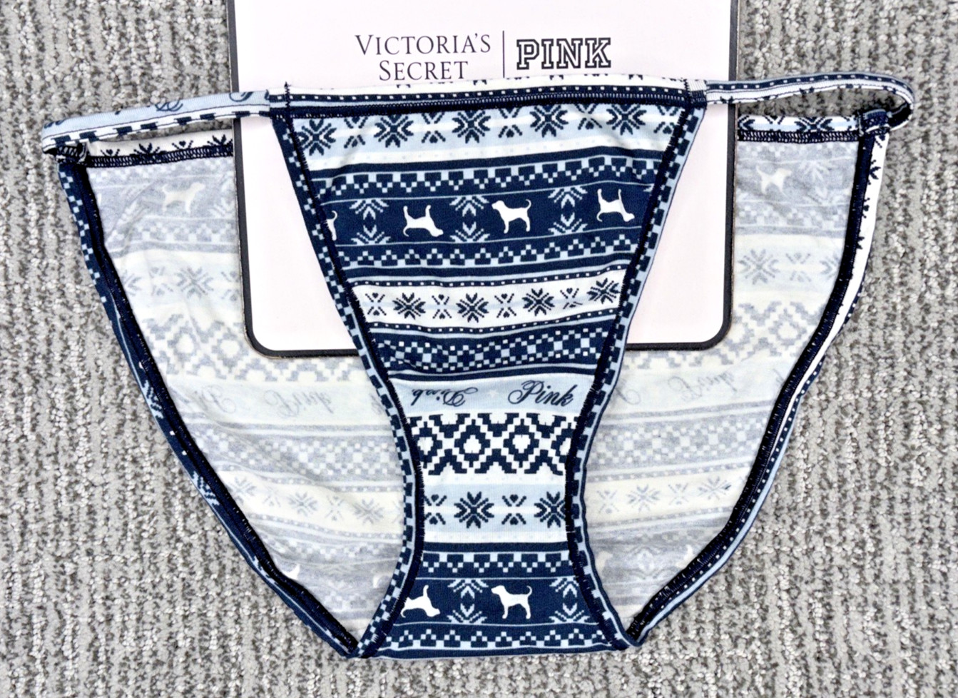 Victoria’s Secret PINK NWT Medium Blue Fair Isle String Bikini Panty Sexy Cute
