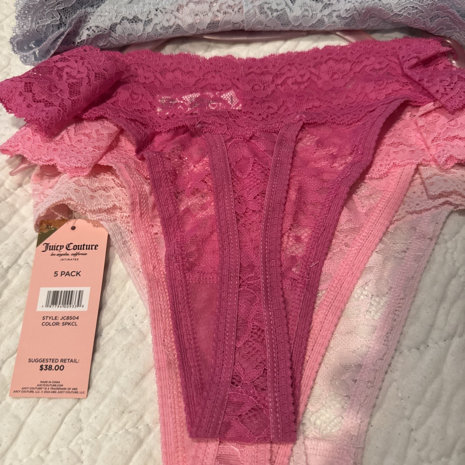 JUICY COUTURE INTIMATES 5 PACK THONG PANTIES NYLON SPANDEX SIZE XL LACE
