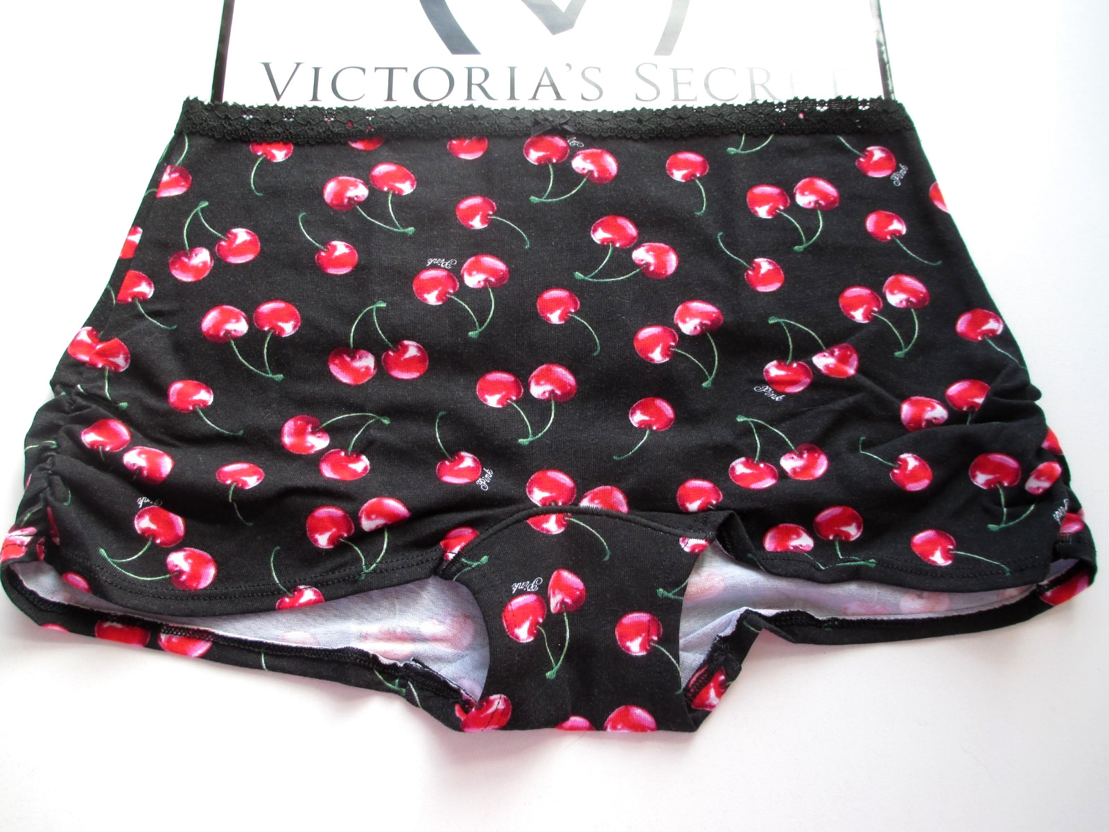 VICTORIA’S SECRET PINK Cotton Dorm Boyshort Panty VS Black Red Cherries S M L XL