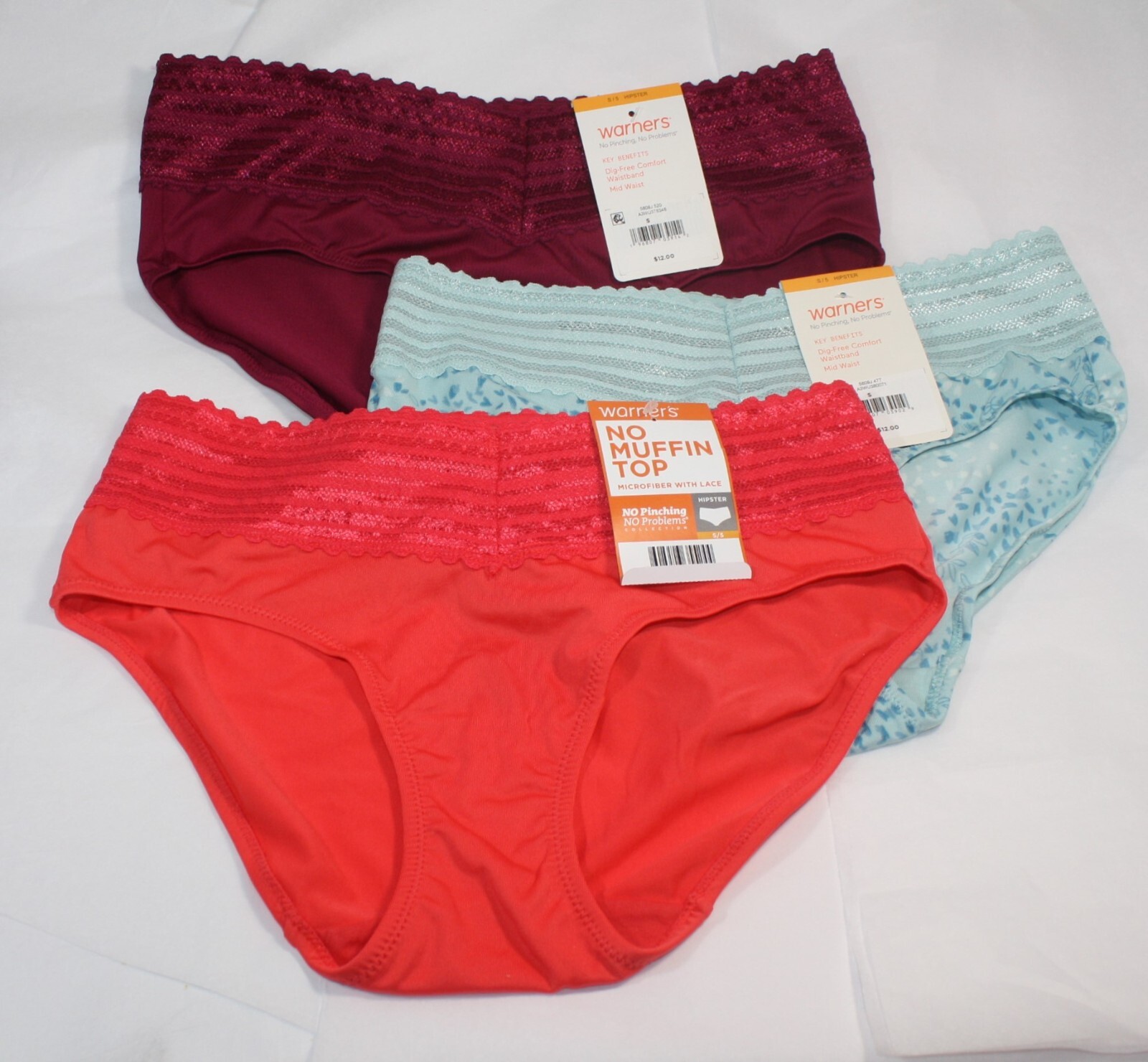 New set/3 WARNER’S no muffin top HIPSTER panties CORAL/ORANGE WINE GREEN LEAF S