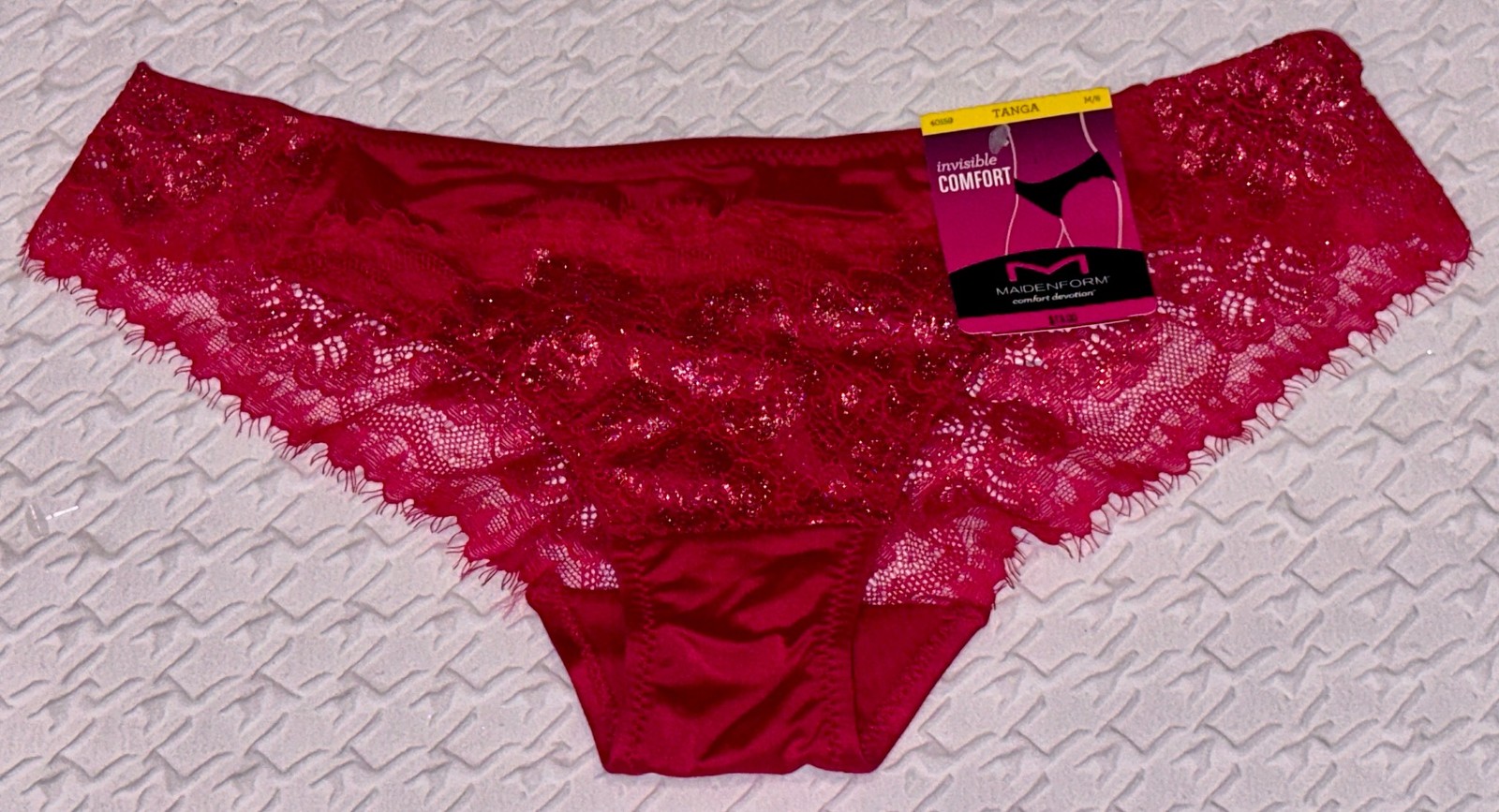 MAIDENFORM Comfort Devotion Crimson Red Gold Lace Back Tanga Panty Womens Sz M 6