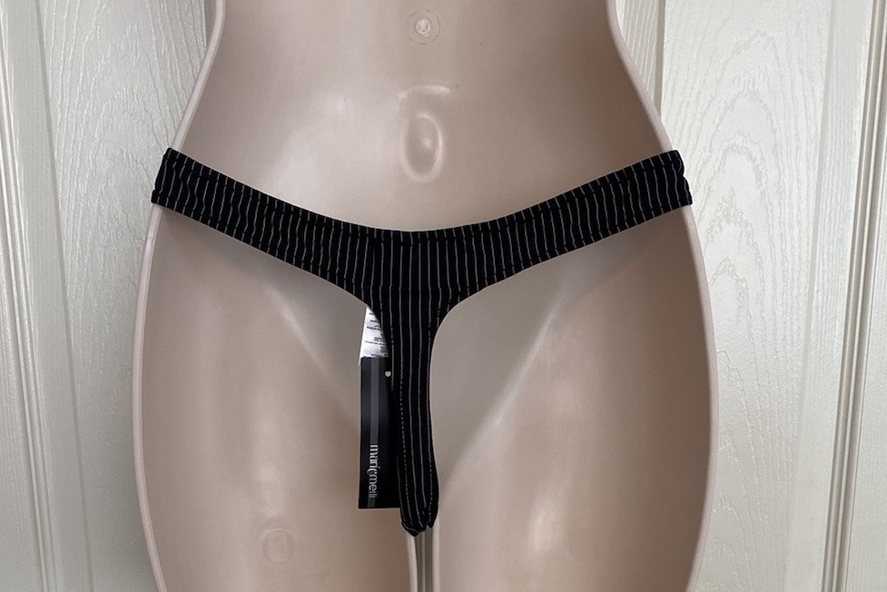 VTG Marie Meili ~ Black Pinstripe Lace String Thong Sexy Panty Crystal Accent L