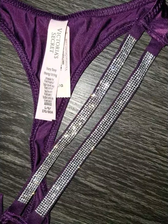 VS shine rhinestone Dbl strap Thong panty new size Large Deep Purple