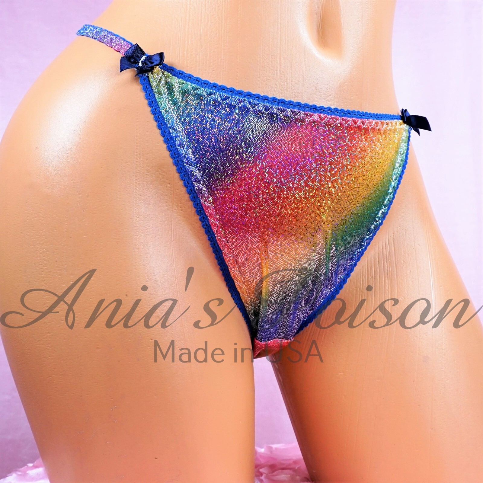 Rainbow sparkle Metallic Foil Sissy DUCHESS CUT ladies string bikini panties 5-9