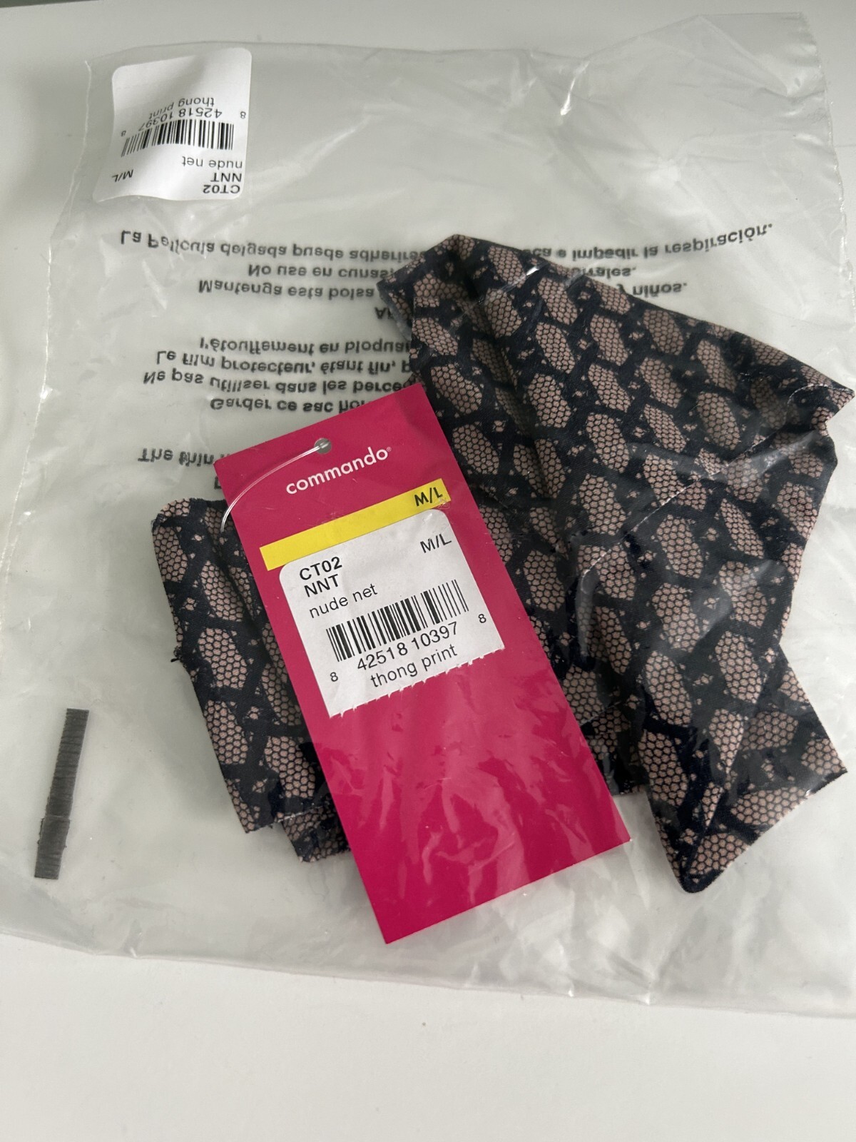 Commando Printed Thong Low-Rise Thong, Nude Net (Fishnet Black), Size M/L, NWT