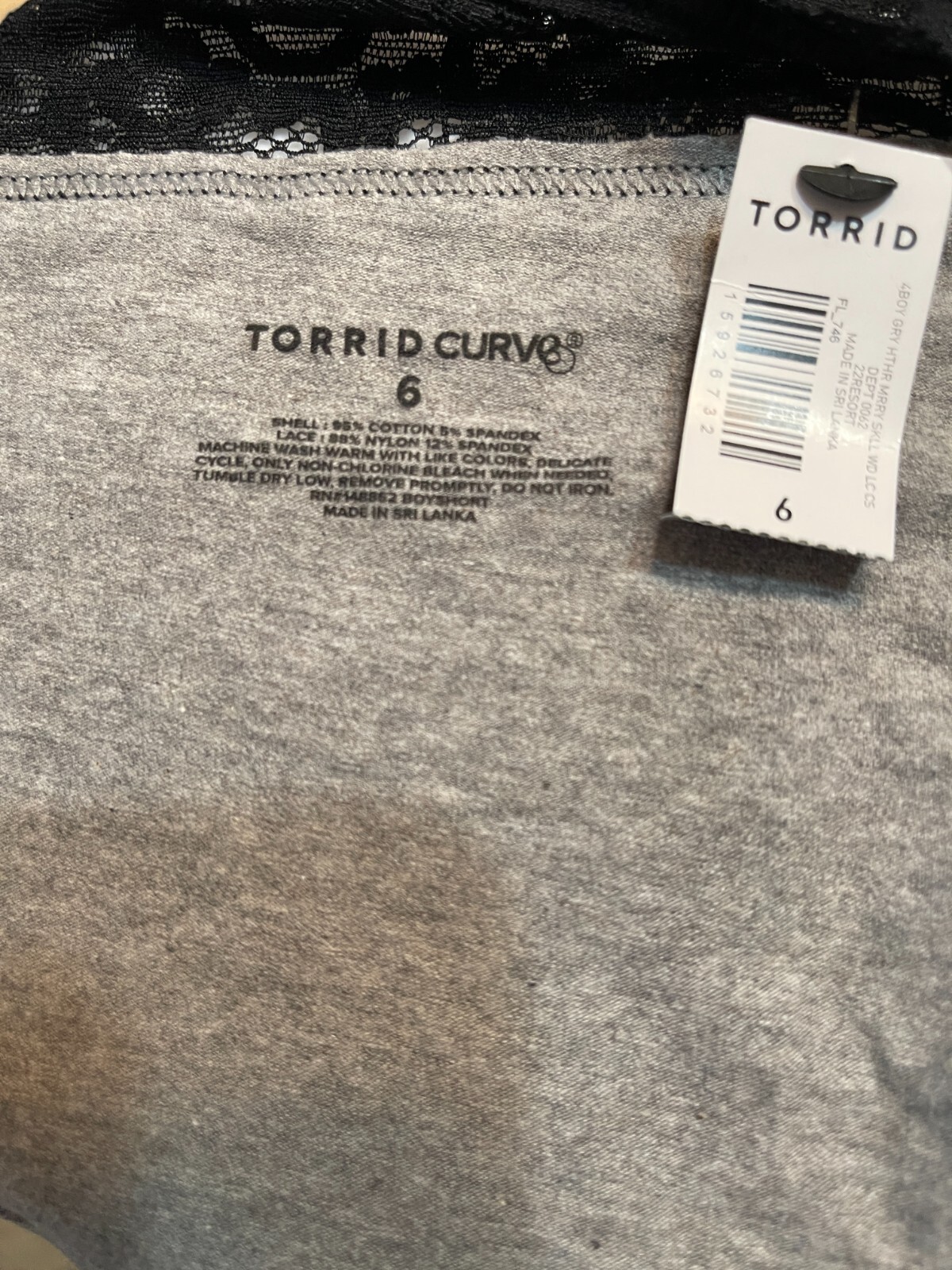 Torrid +6 Gray Heather Skull Graphic Wide Lace Waistband Cotton Boyshort Panties