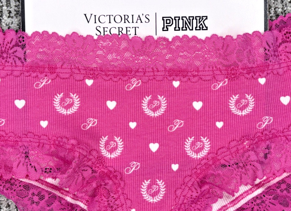 Victoria’s Secret PINK NWT Medium Pink Heart Logo Print Lace Trim Cheeky Panty