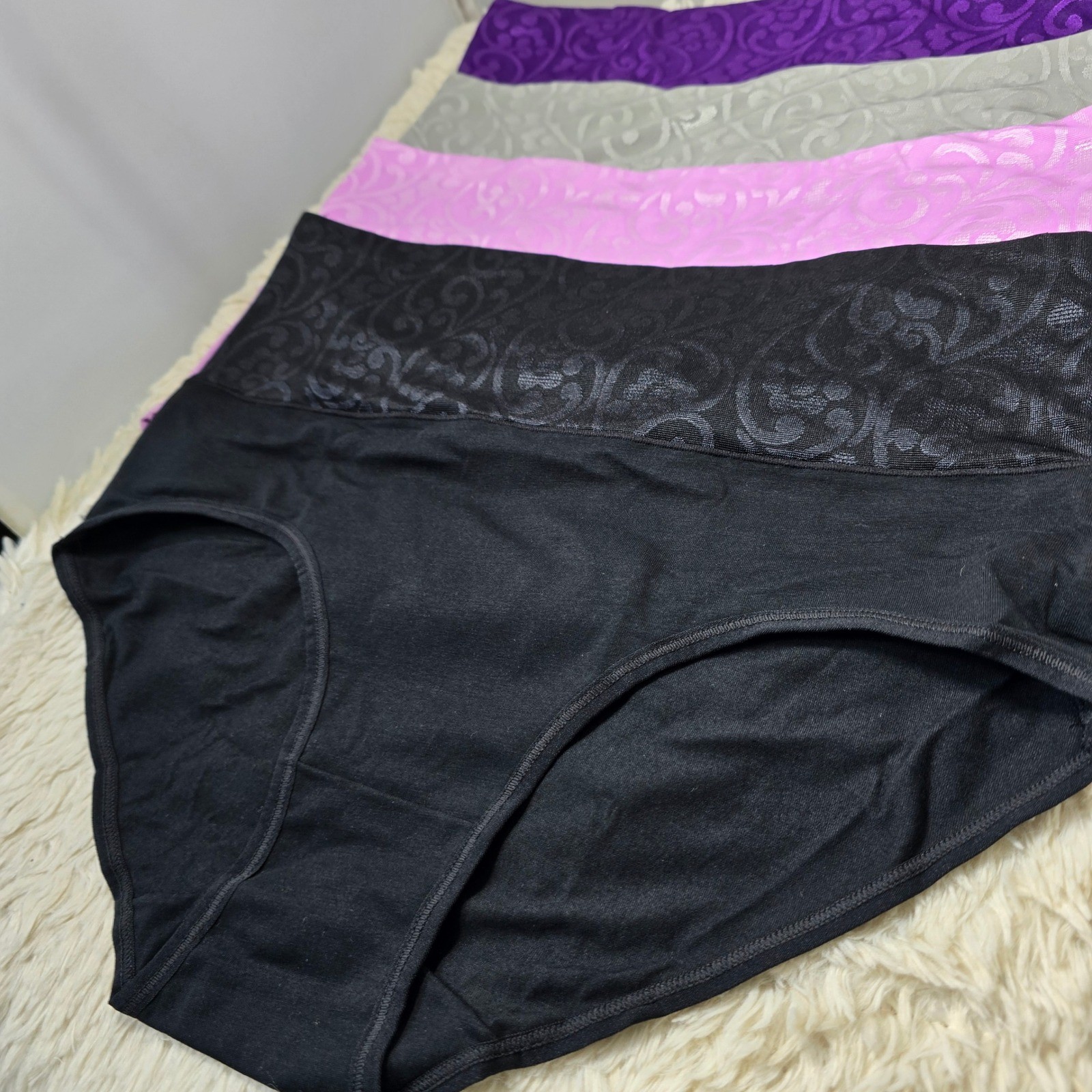 High Waisted Briefs 4 Pack Women Large Black Gray Purple Damask Waistband Soft