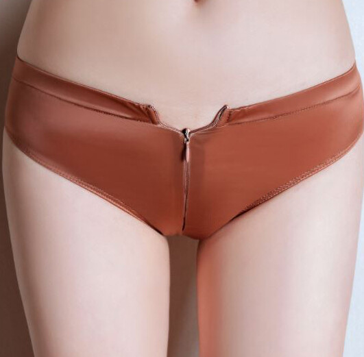 Women Oil Shiny Panties Underwear Glossy See Through Zip Open Crotch Thong Brief
