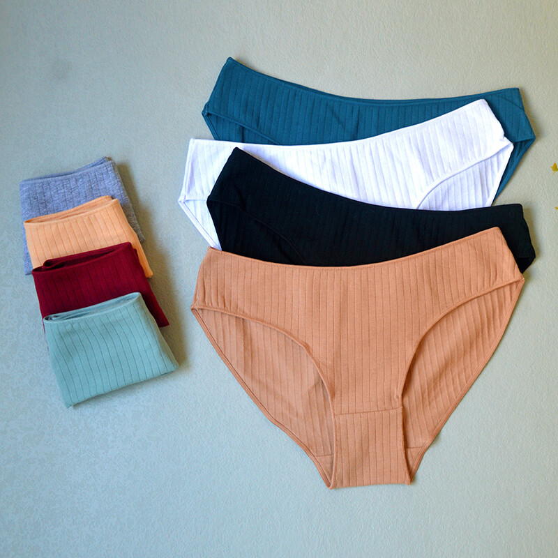 8pcs/set Simple Solid Color Cotton Panties Women Low Rise Stripe Underwear Brief