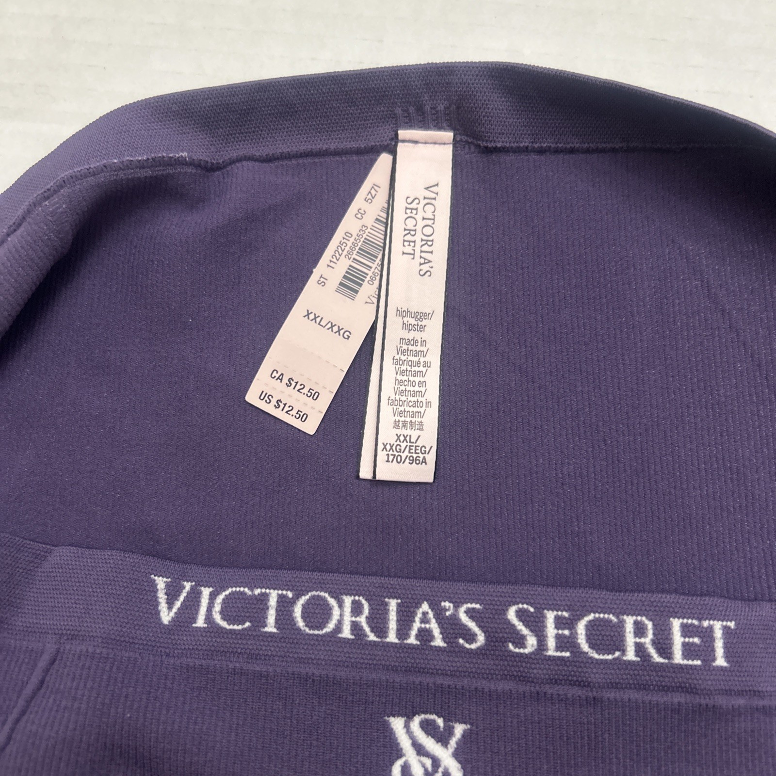 VICTORIA’S SECRET DEEP PURPLE WHITE LOGO RIBBED SEAMLESS HIPHUGGER PANTY 2XL NWT