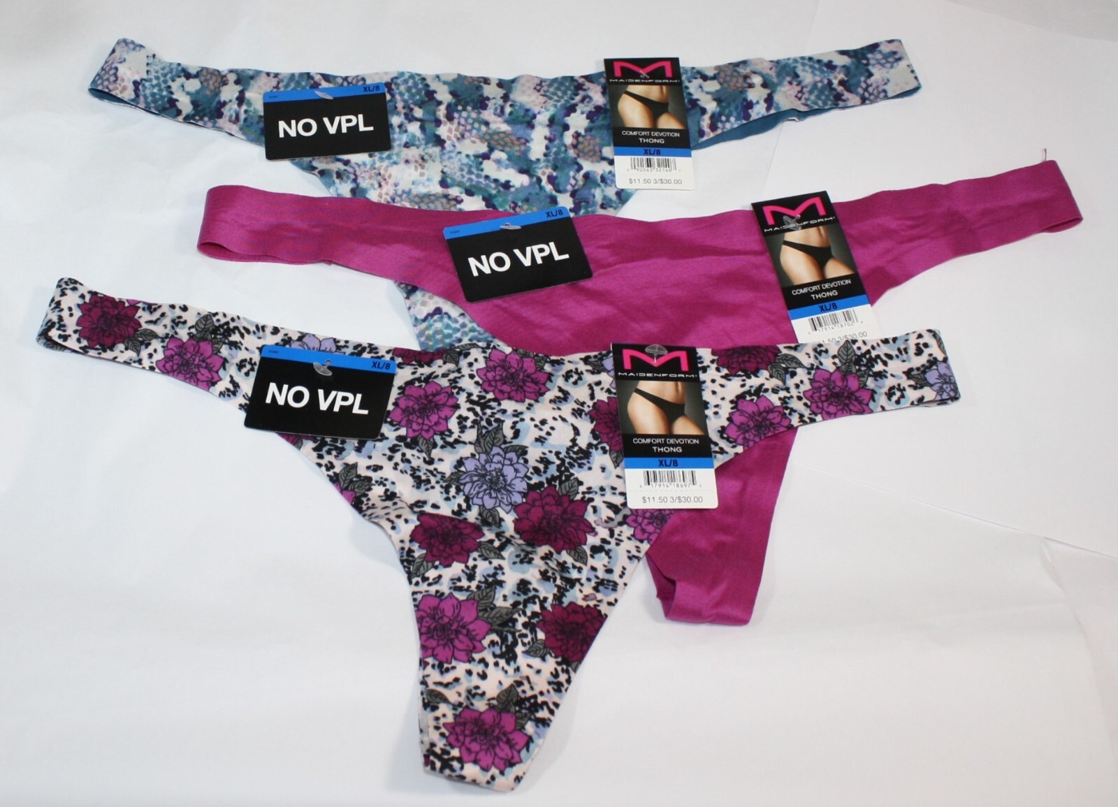 NWT set of 3 MAIDENFORM comfort devotion THONG BLUE SNAKE MAGENTA FLORAL XL/8