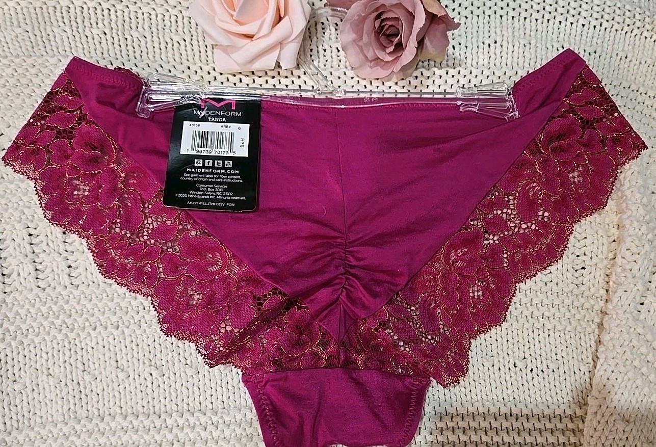 MAIDENFORM Valentine Fuschia Red Bling SeXy Shiny LACE TANGA PANTY 6/M 40159 $13