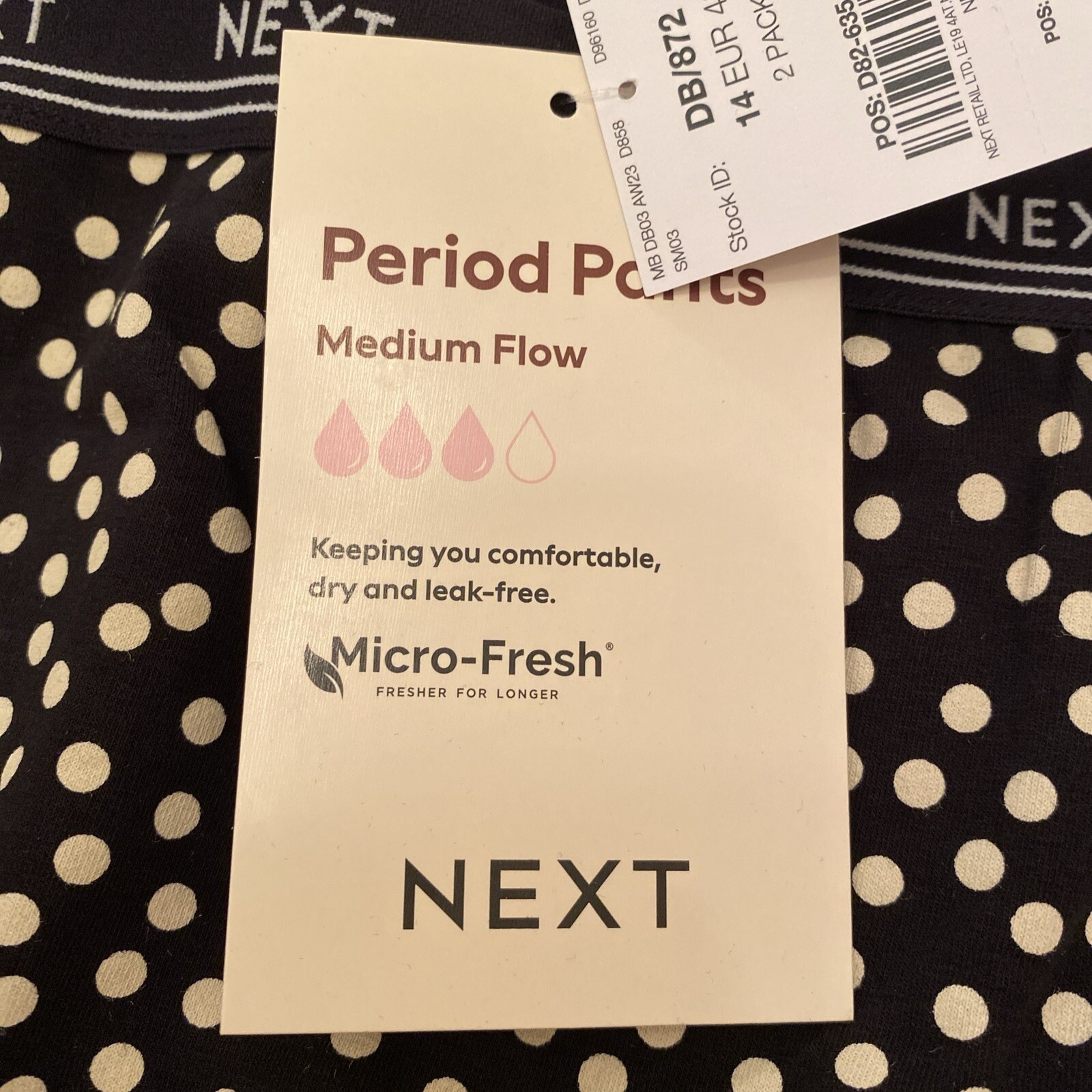 NEXT Period Pants Medium Flow – New Black / Spots Full Brief Size 14