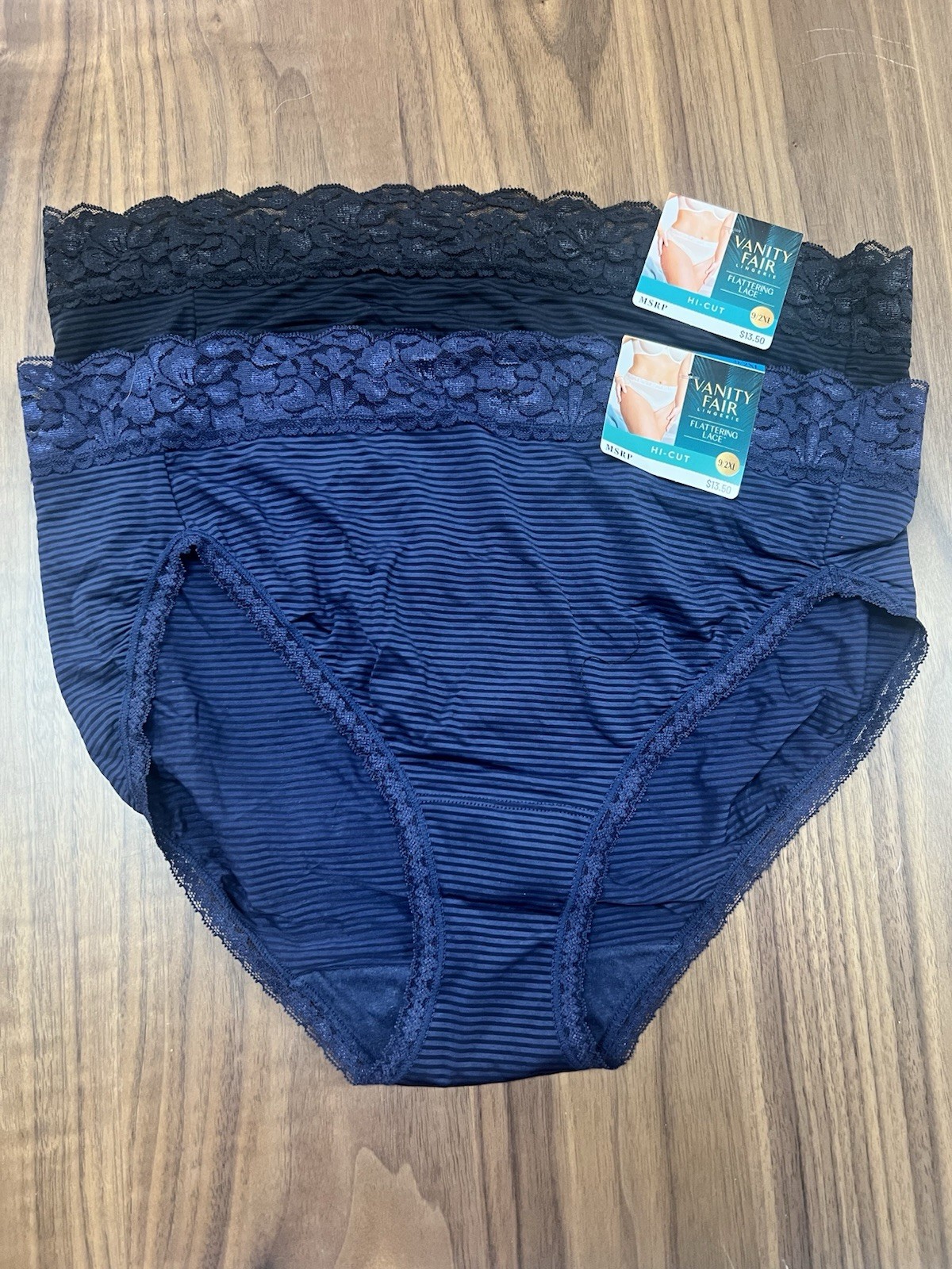 2 Vanity Fair Flattering Lace Hi-Cut Brief Panty Black/Blue 13280 Sz 9/2XL – NWT