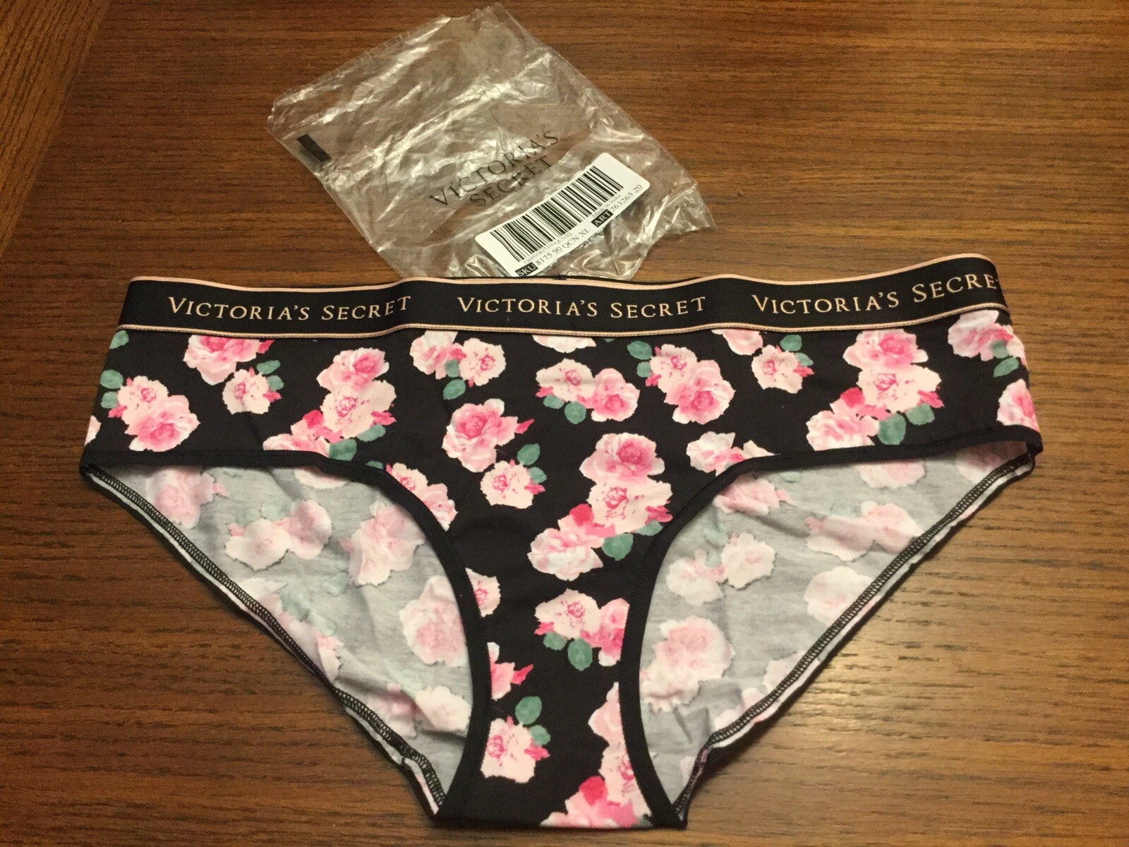 NWT Victoria’s Secret LOGO Waist Band Black Pink Floral Hip Hugger Underwear XL