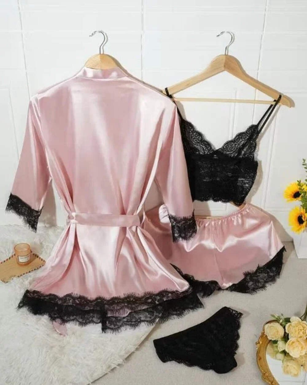 Silky feel baby pink satin black lace trim 4 piece lingerie set size 16/18 (XL)