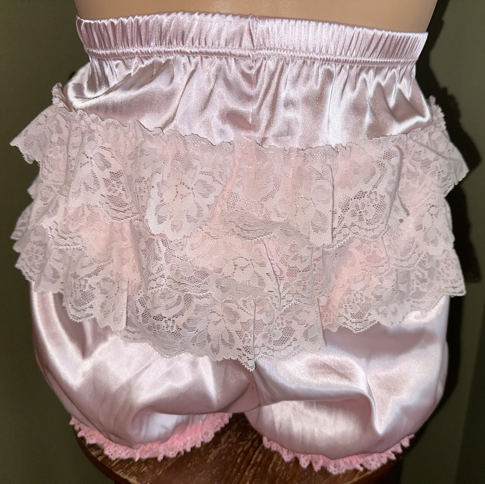 Glossy Pink Satin w Tiered Ruffled Lace Bloomers Long Leg Sissy Panties XL New