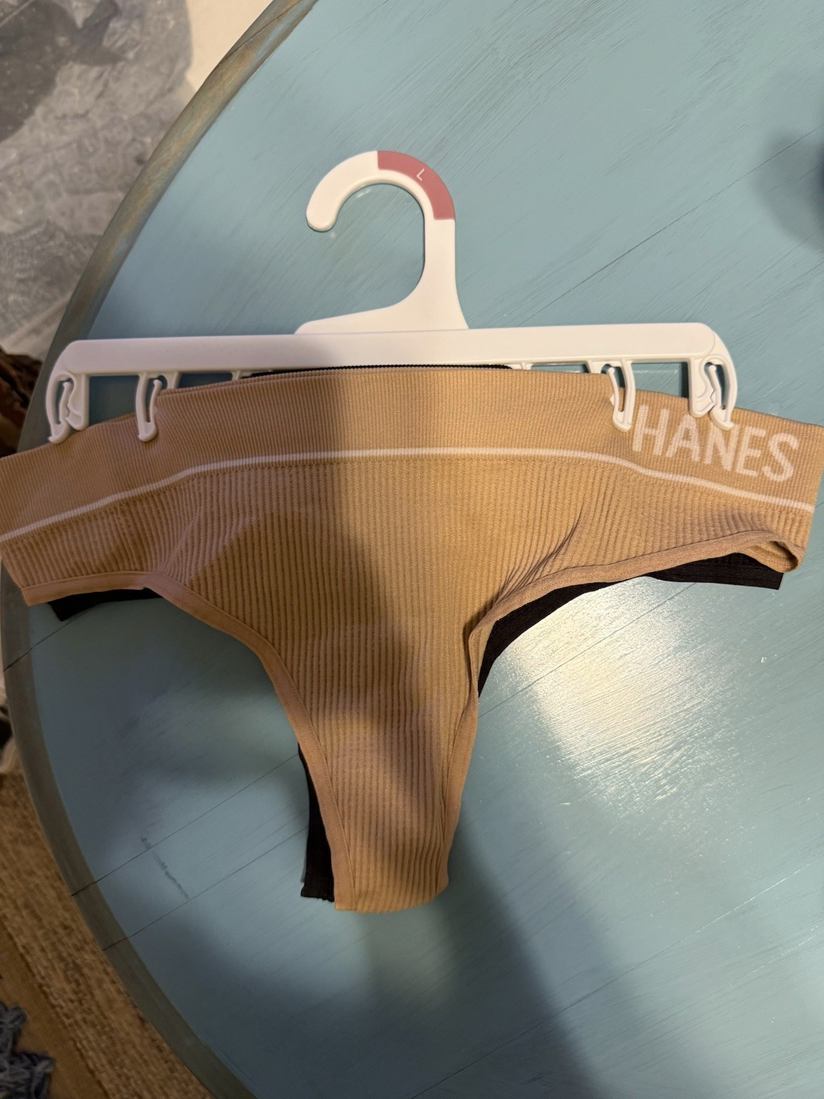 Hanes Women’s Ribbed Cotton Thong Panties 2 Pack Beige Black Stretch L