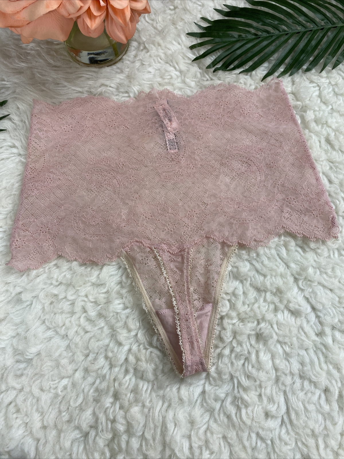 Victorias Secret Sexy Sheer Floral Lace High ~ Waist Thong Panty PURPLE L