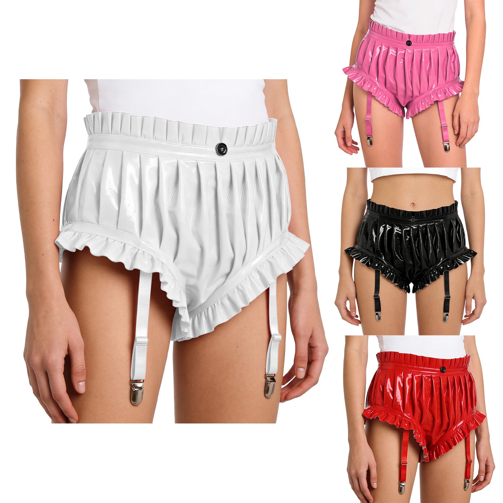 Womens Leather Ruffled Trim Booty Shorts Wet Look Pleated Briefs Garter Clips