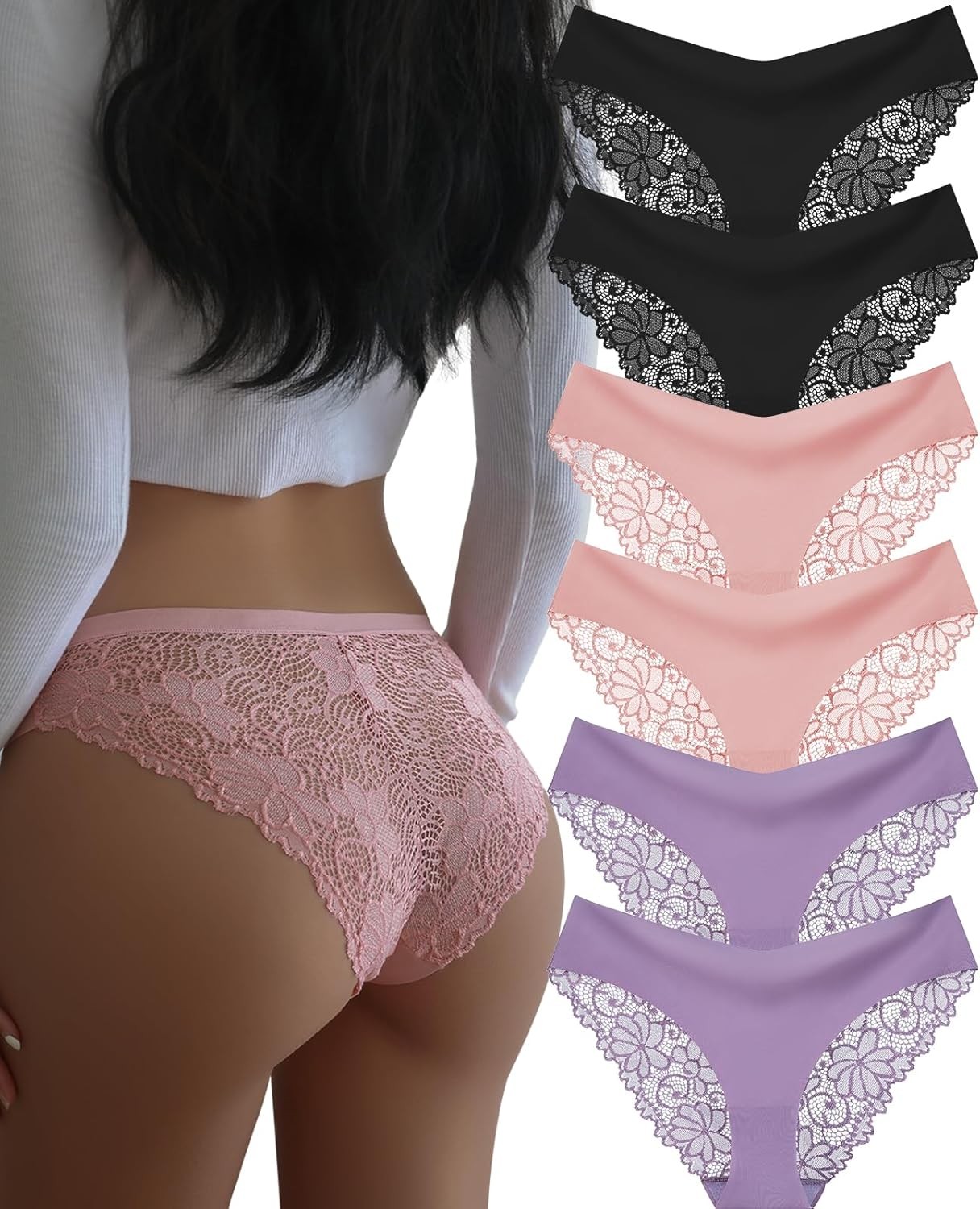 Womens Seamless Comfortable Underwear Lace Bikini Briefs No Show Panties 6 Pack