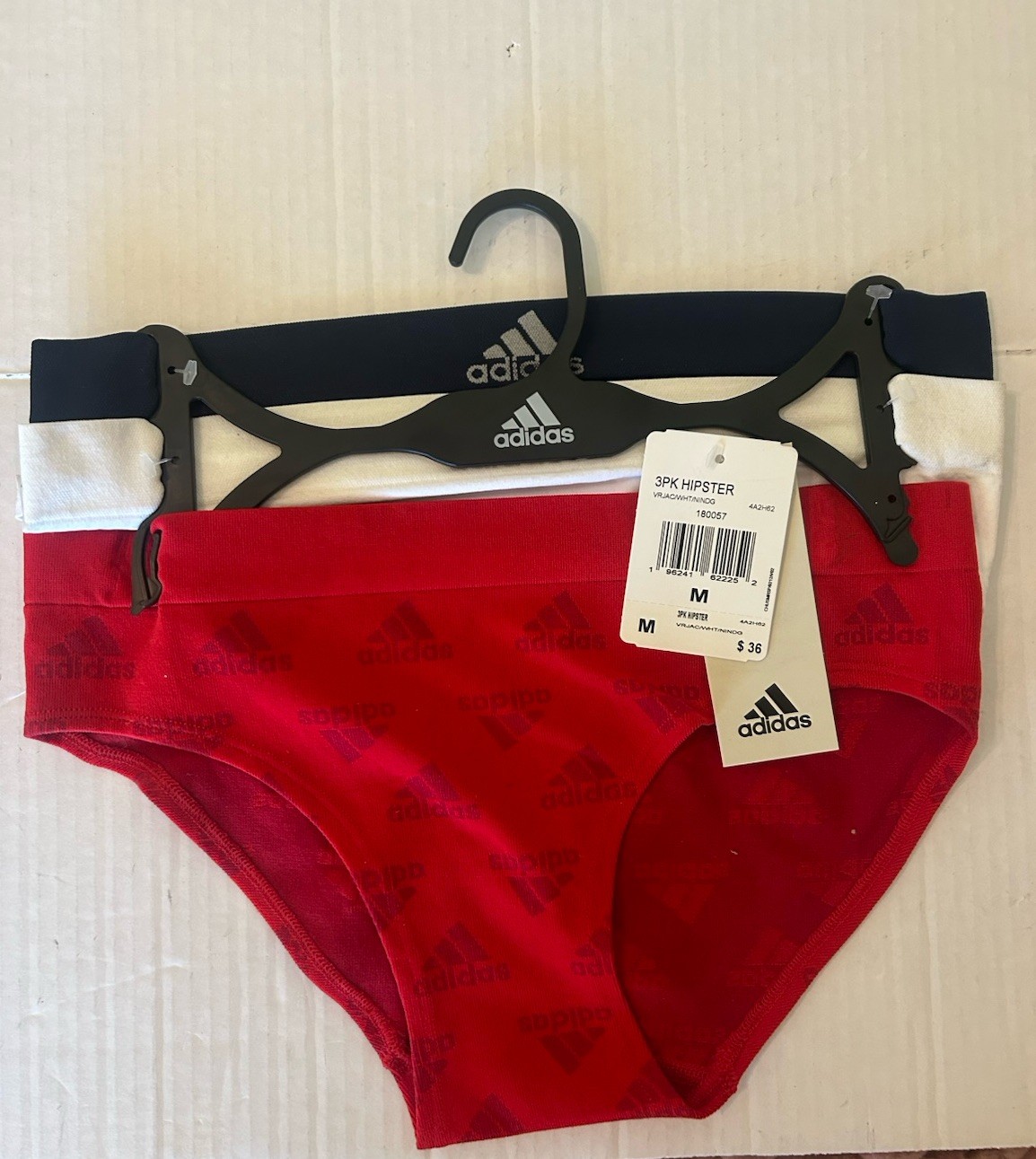 NWT adidas Women’s Seamless Hipster Underwear 3-Pack Red/White/Indigo Sz Medium