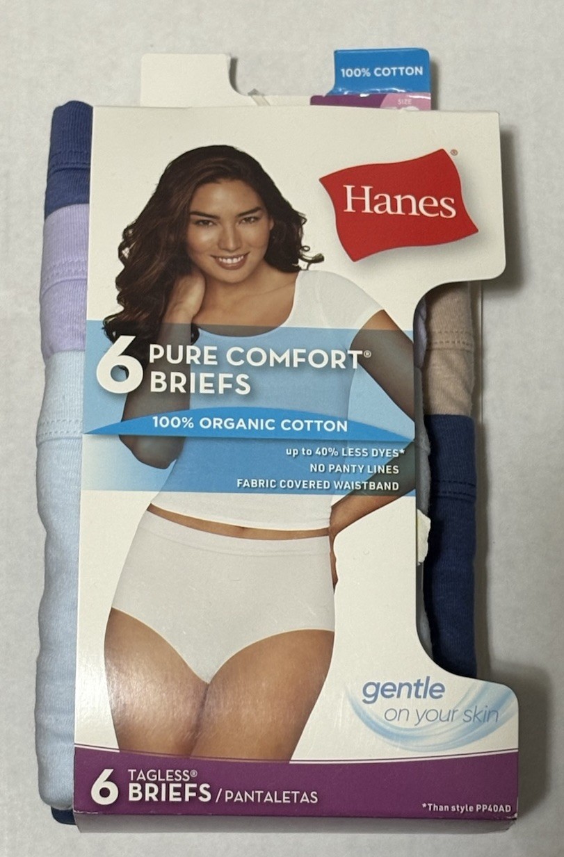 Hanes Women’s Pure Comfort Tagless Briefs 100% Organic Cotton 6-Pack Size 10 New