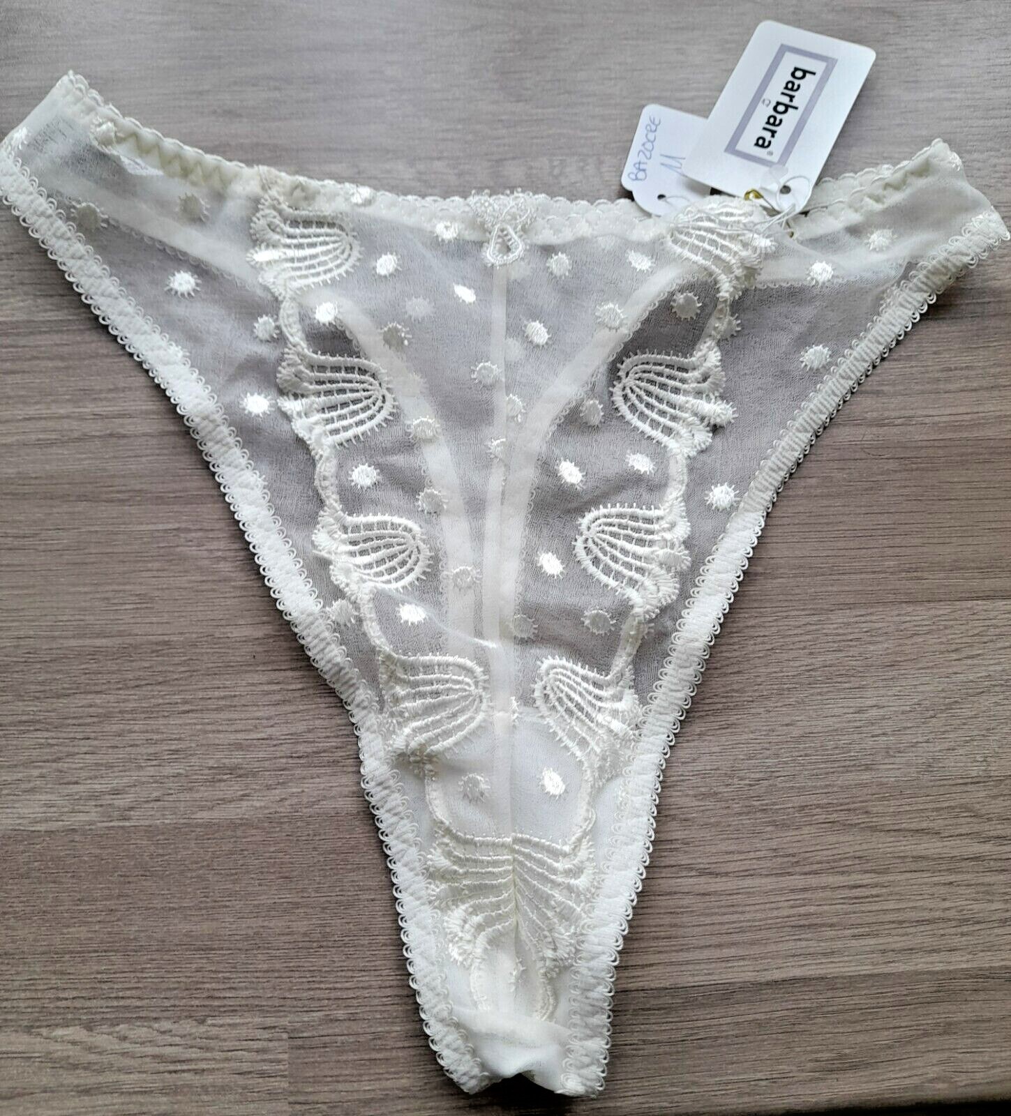 Barbara Cream Tulle and Embroidered Spotted and Wave High Leg High Rise Thong